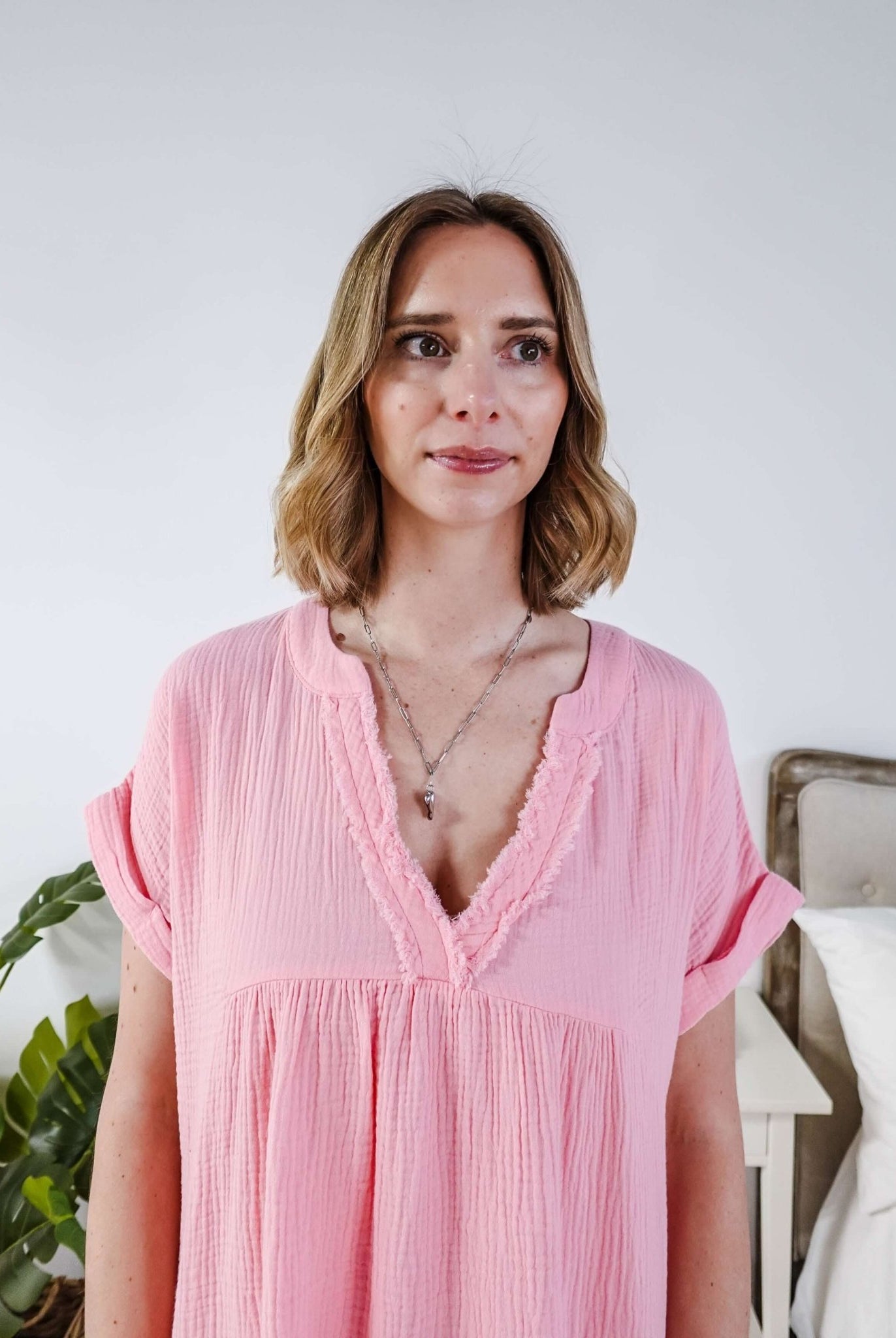 women in light weight gauze cotton pink dress - closeup showing frayed vneck neckline - Scarlett Ellie V-Neck Gauze Dress | Lightweight Summer Dress | Cloud Nine Pajamas