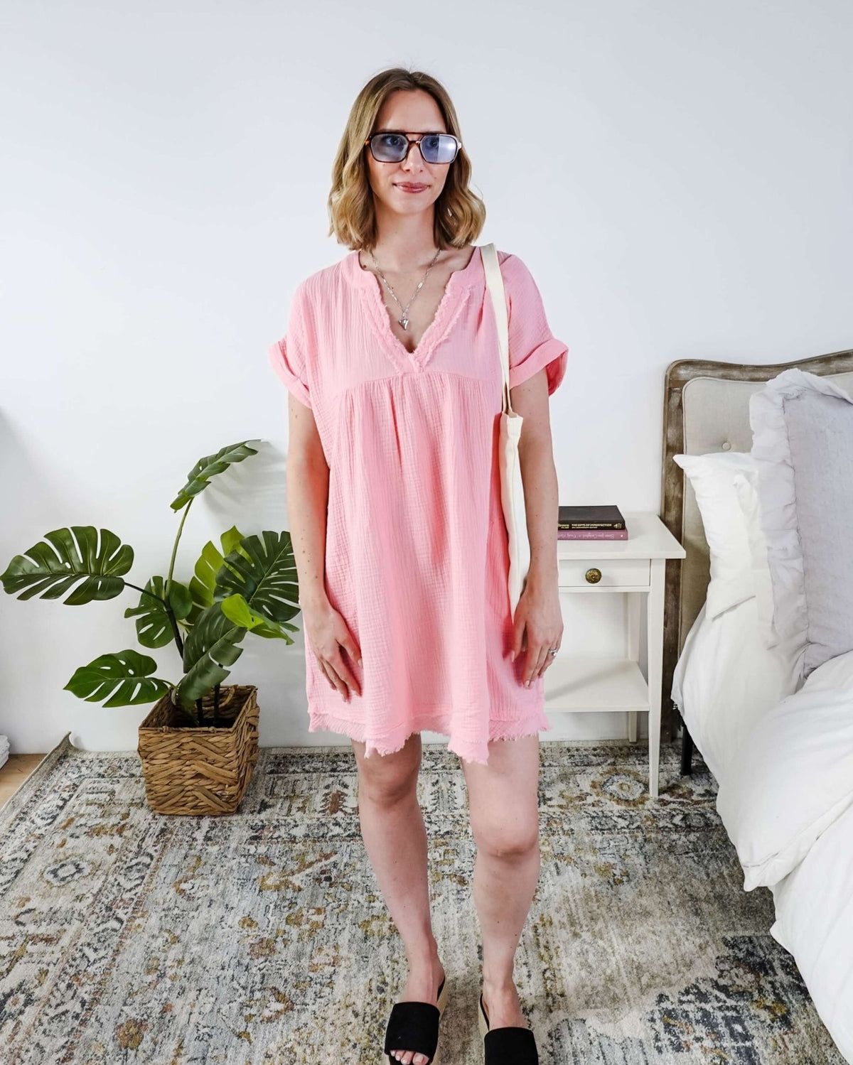 women in light weight gauze cotton pink dress - Scarlett Ellie V-Neck Gauze Dress | Lightweight Summer Dress | Cloud Nine Pajamas