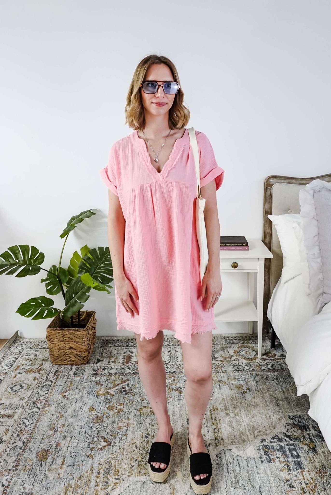 women in light weight gauze cotton pink dress - Scarlett Ellie V-Neck Gauze Dress | Lightweight Summer Dress | Cloud Nine Pajamas