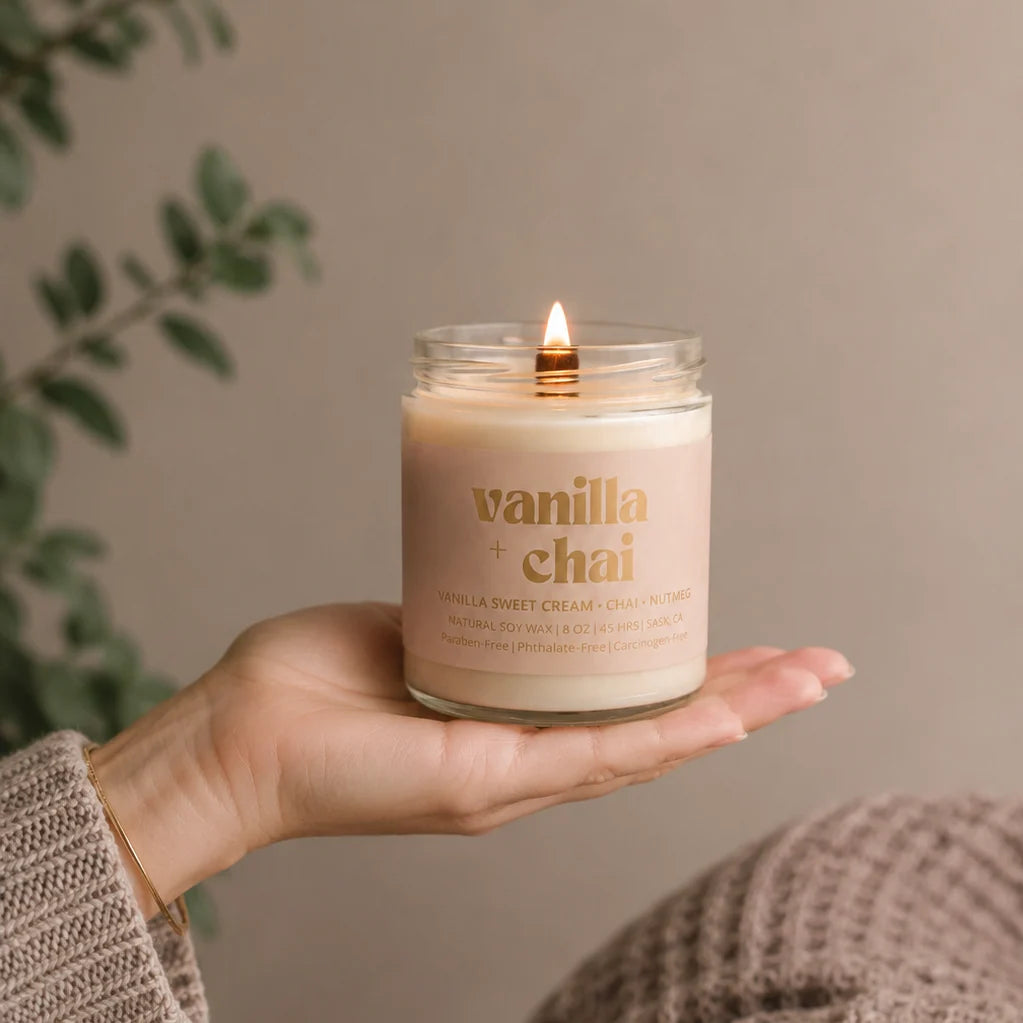 Prairie Creek Candle Vanilla Chai soy candle wooden wick close-up — Cloud Nine Pajamas