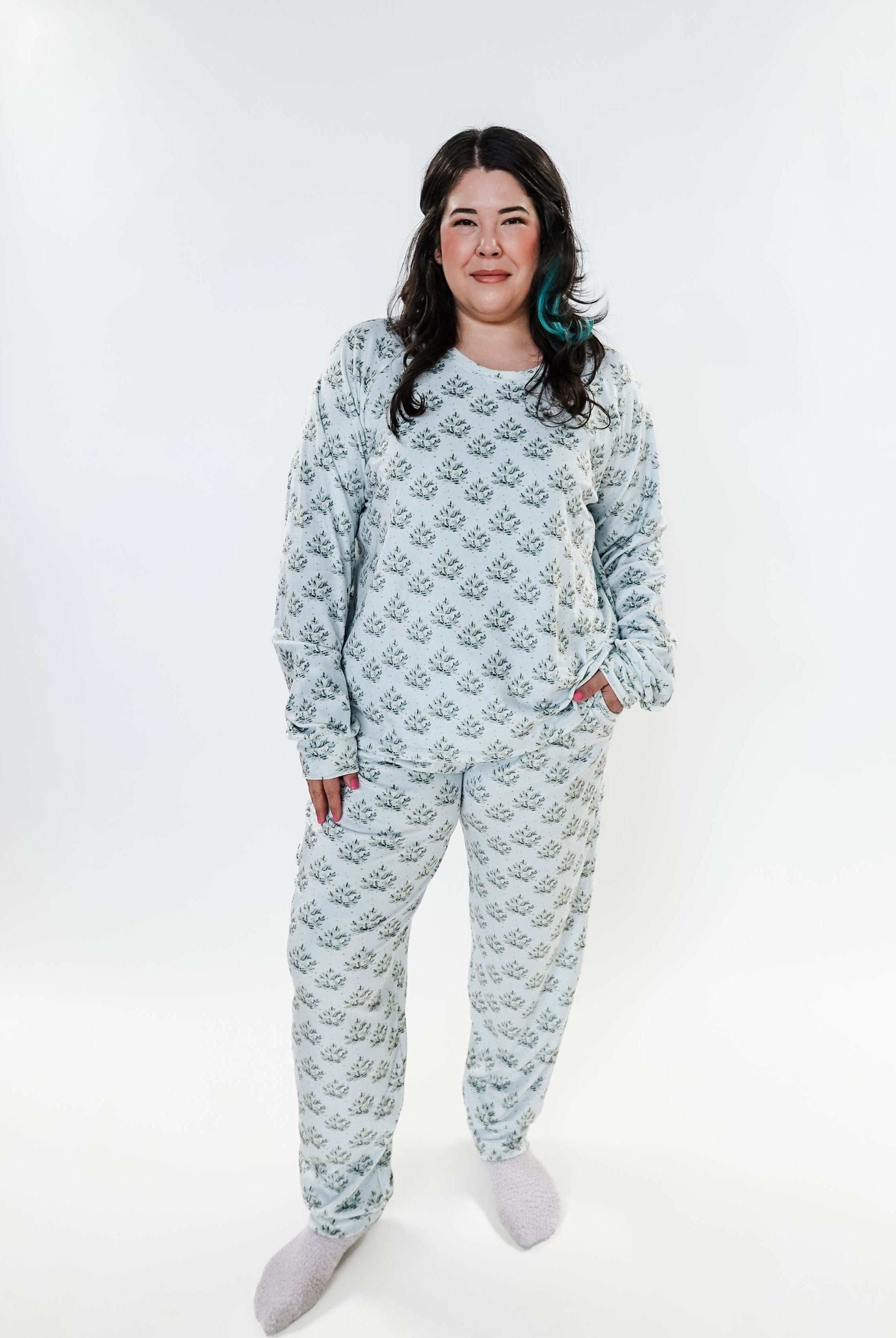 Cozy Pine Long Sleeve Jogger Velour Lounge Set modeled by a woman with long dark hair, showcasing soft fabric and comfort.
