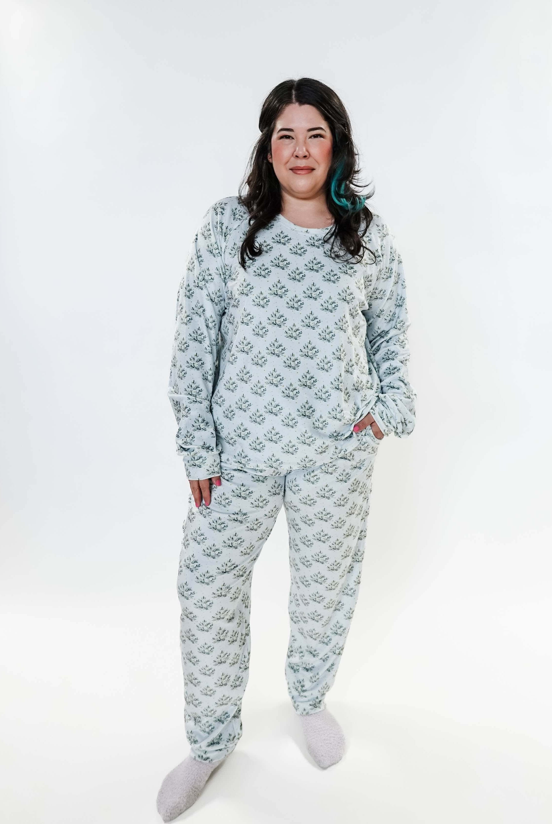 Cozy Pine Long Sleeve Jogger Velour Lounge Set modeled by a woman with long dark hair, showcasing soft fabric and comfort.