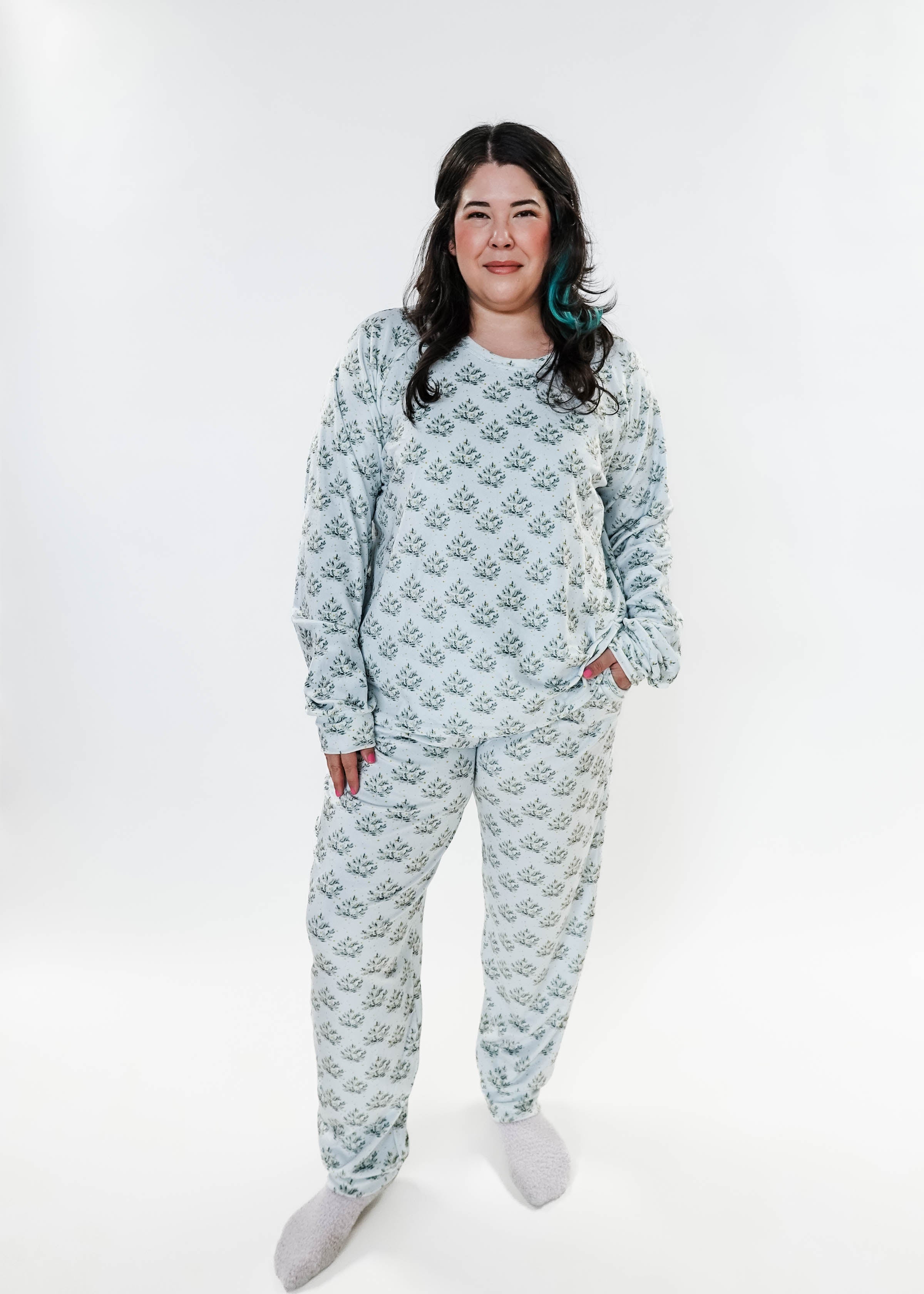 Cozy Pine Long Sleeve Jogger Velour Lounge Set modeled by a woman with long dark hair, showcasing soft fabric and comfort.