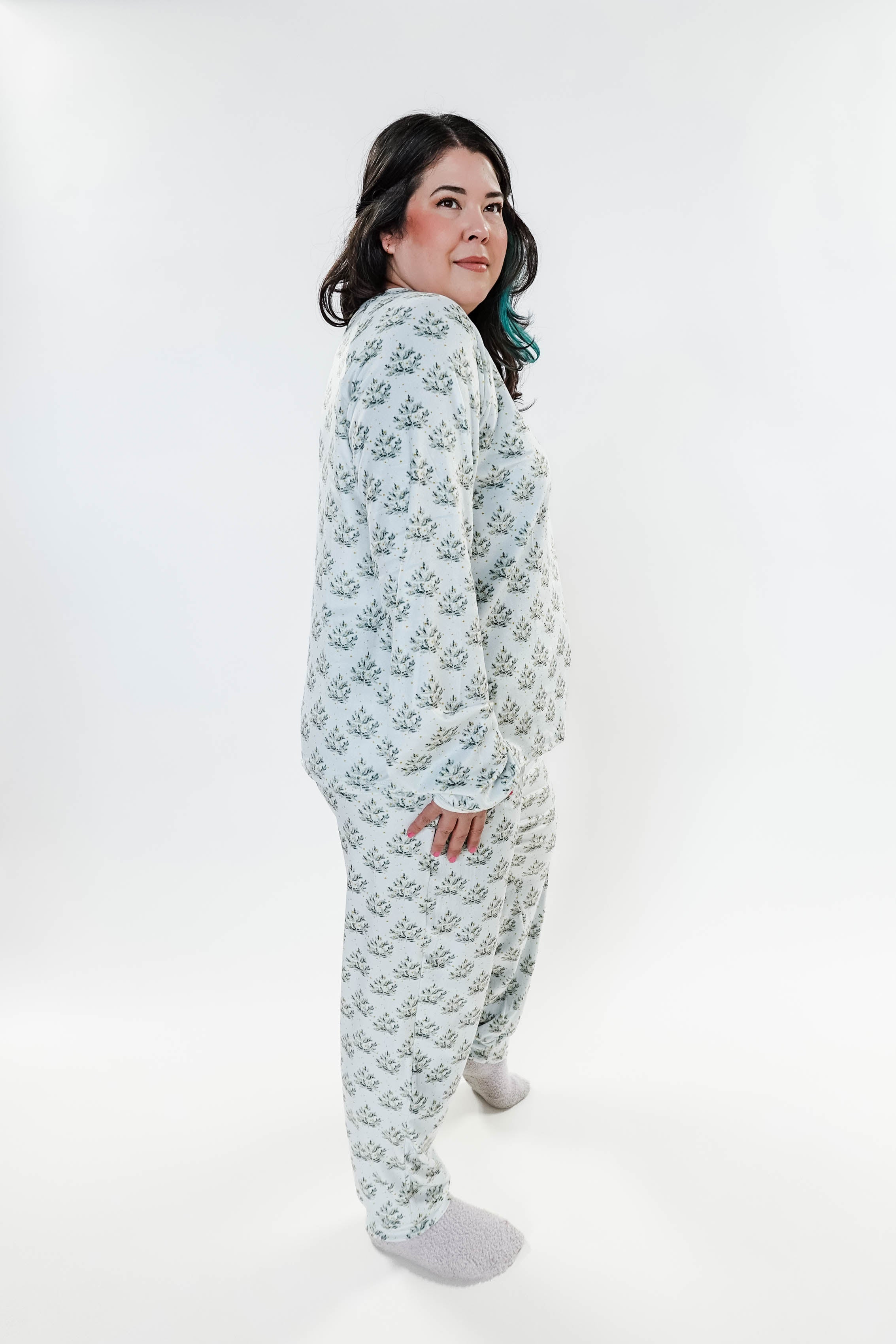 Cozy Pine Long Sleeve Jogger Velour Lounge Set modeled by a woman with long dark hair, showcasing soft fabric and comfort.