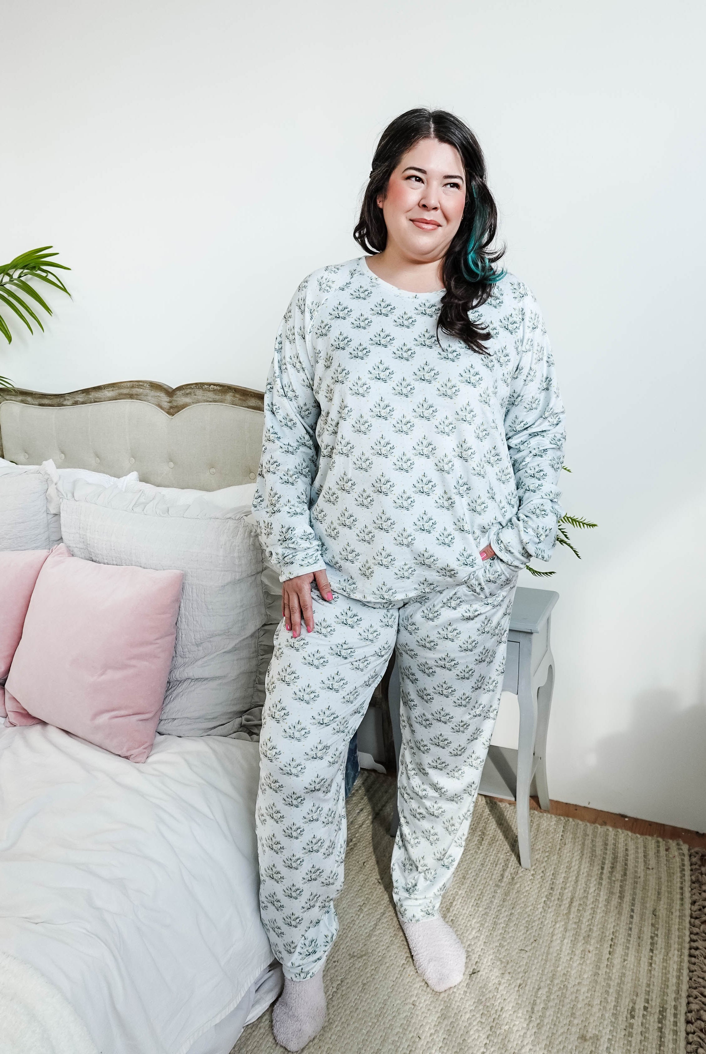 Cozy Pine Long Sleeve Jogger Velour Lounge Set modeled by a woman with long dark hair, showcasing soft fabric and comfort.