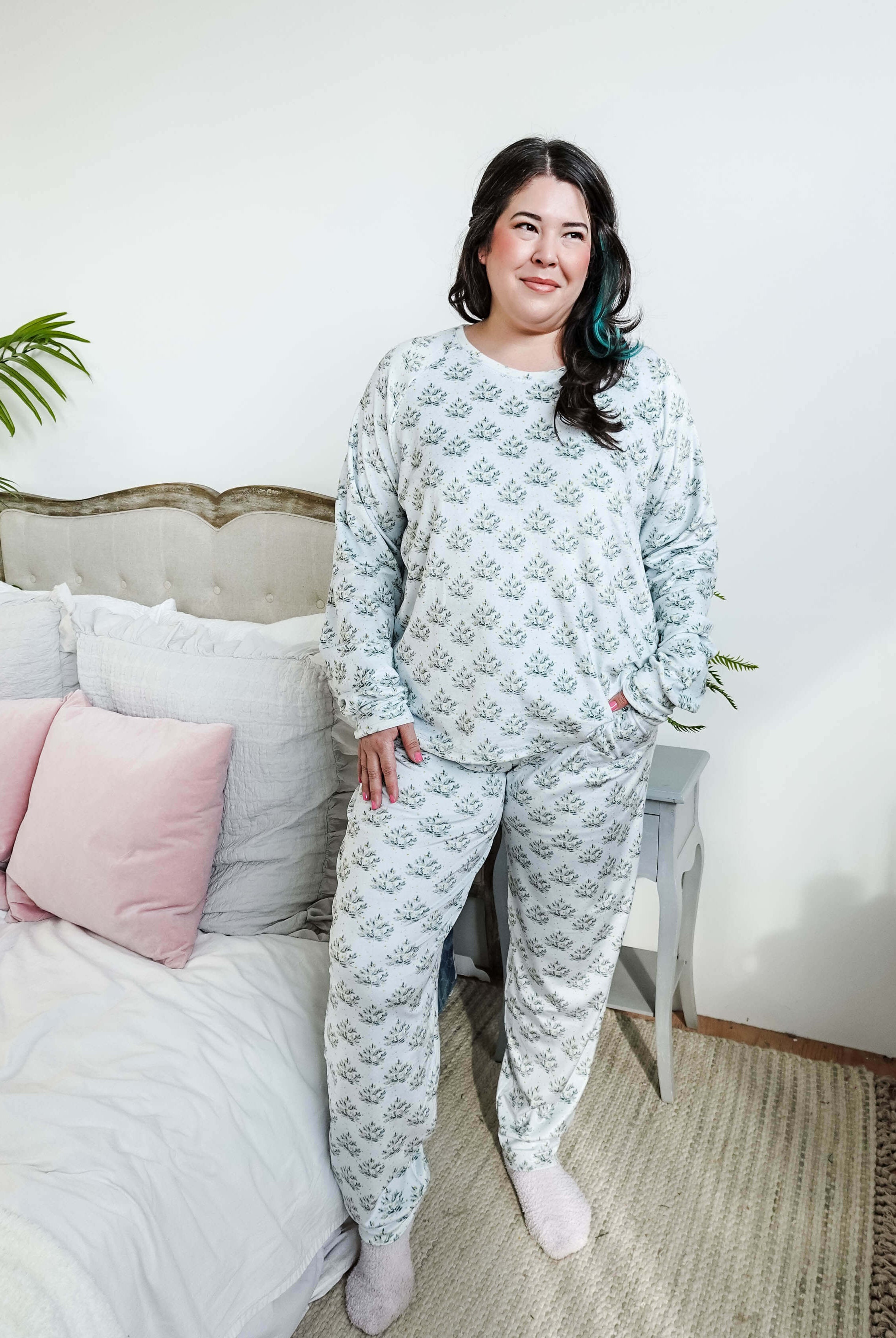 Cozy Pine Long Sleeve Jogger Velour Lounge Set modeled by a woman with long dark hair, showcasing soft fabric and comfort.