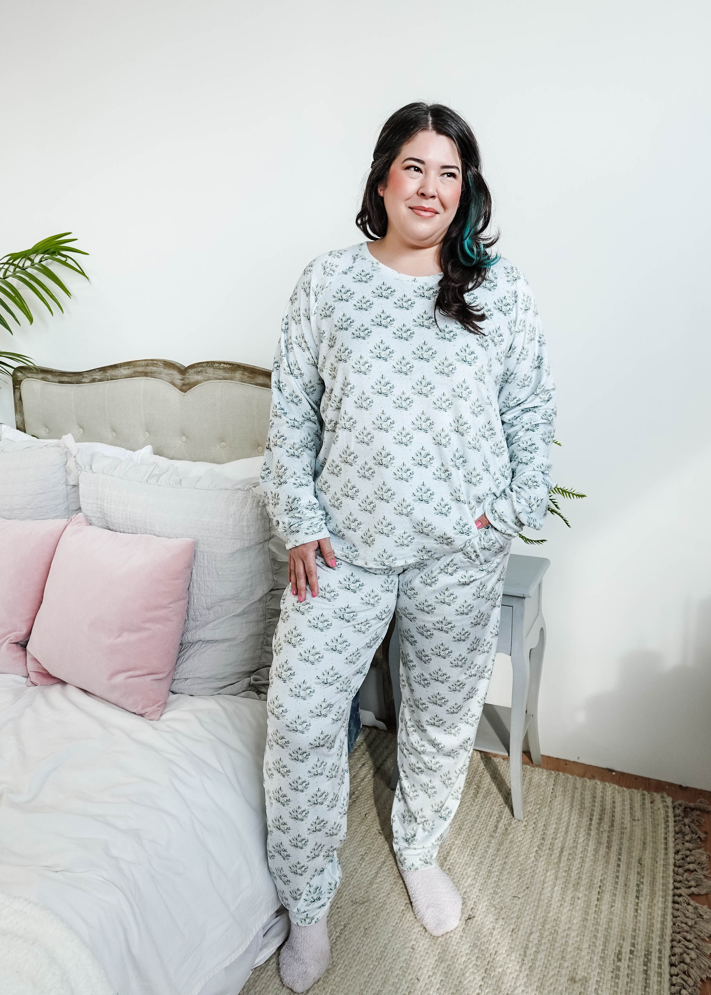 Cozy Pine Long Sleeve Jogger Velour Lounge Set modeled by a woman with long dark hair, showcasing soft fabric and comfort.