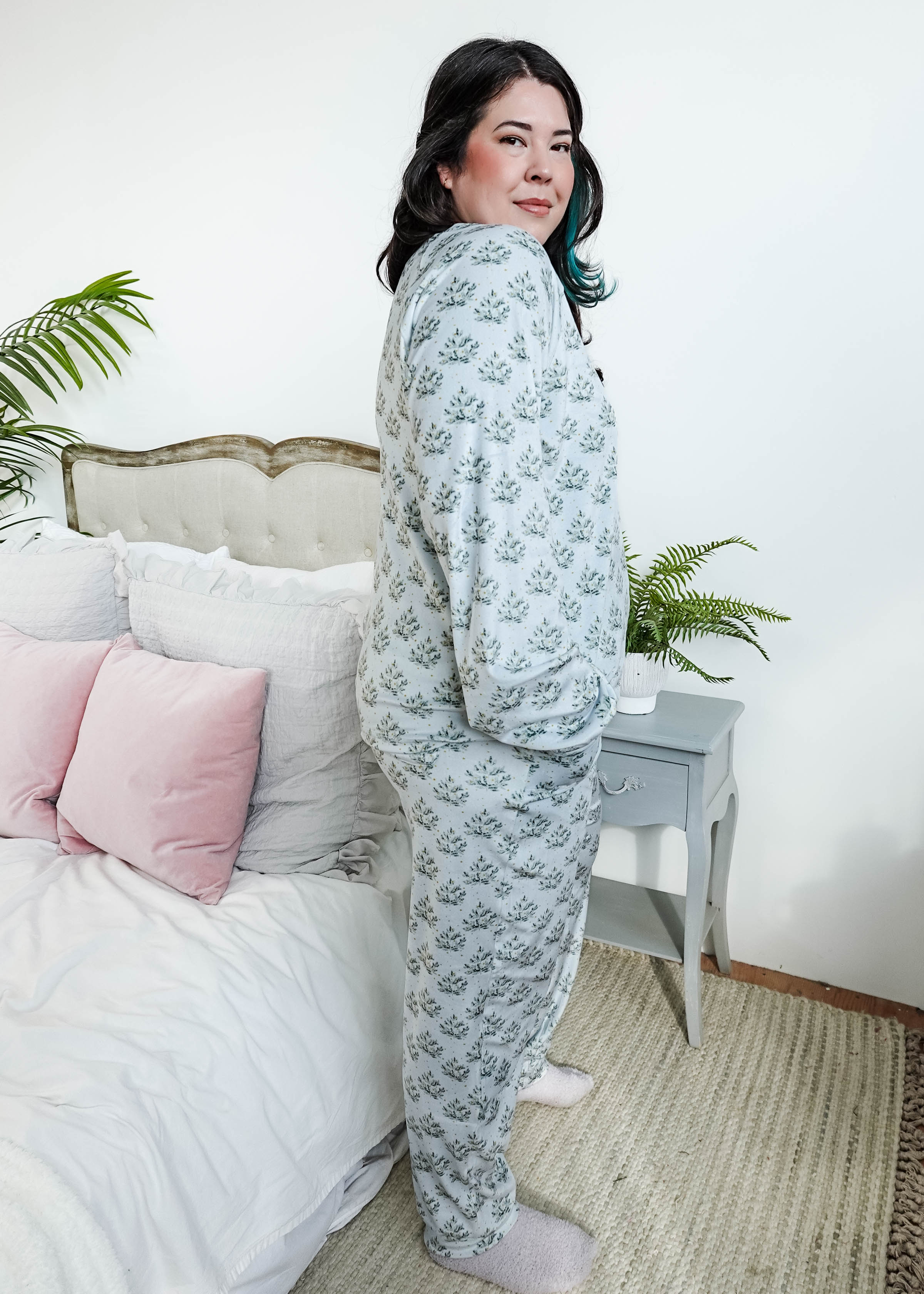Cozy Pine Long Sleeve Jogger Velour Lounge Set modeled by a woman with long dark hair, showcasing soft fabric and comfort.