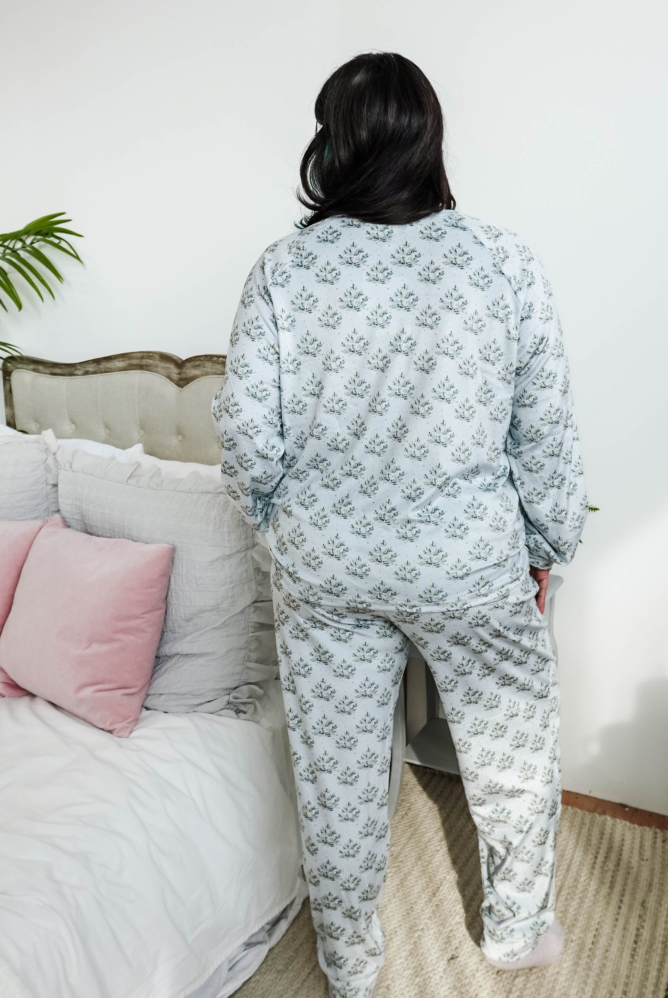 Cozy Pine Long Sleeve Jogger Velour Lounge Set modeled by a woman with long dark hair, showcasing soft fabric and comfort.