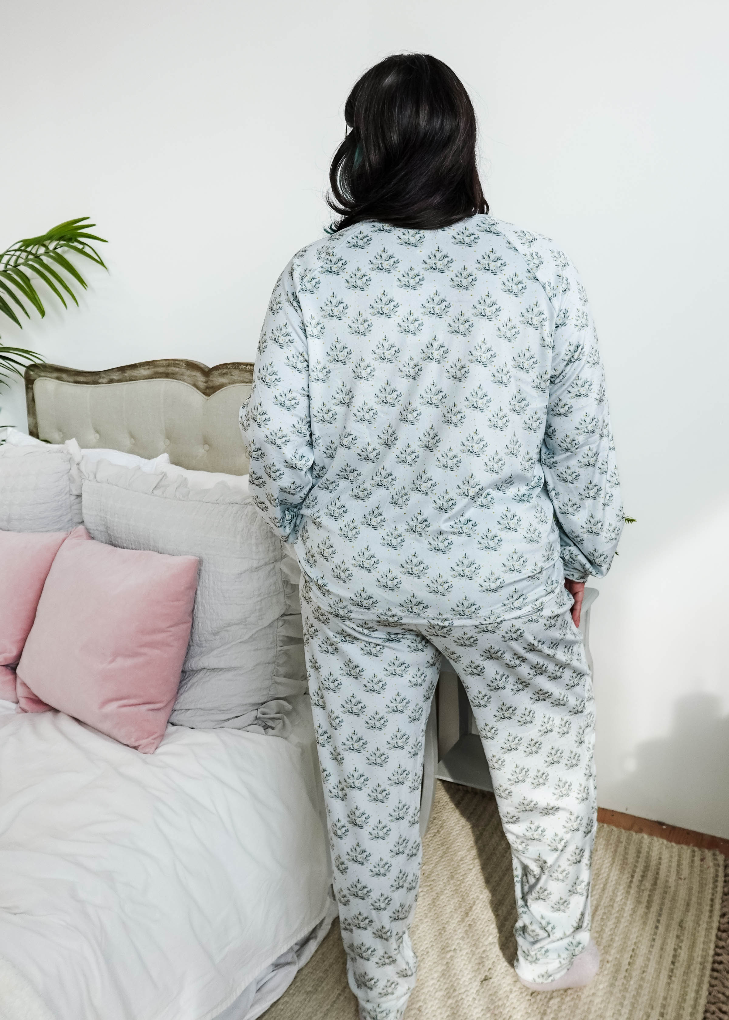 Cozy Pine Long Sleeve Jogger Velour Lounge Set modeled by a woman with long dark hair, showcasing soft fabric and comfort.