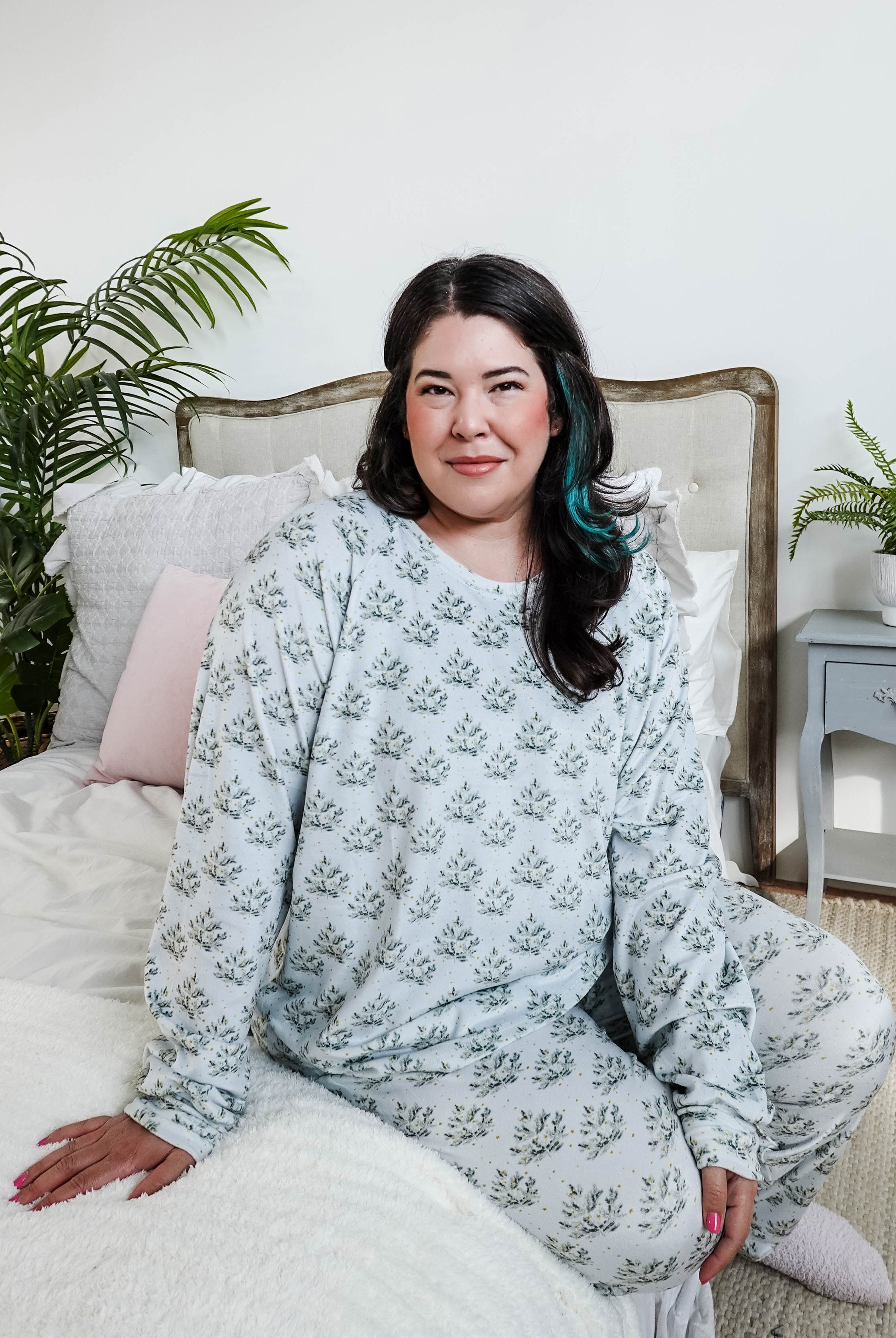 women wearing pine print velour pj set with light blue background miranda nic