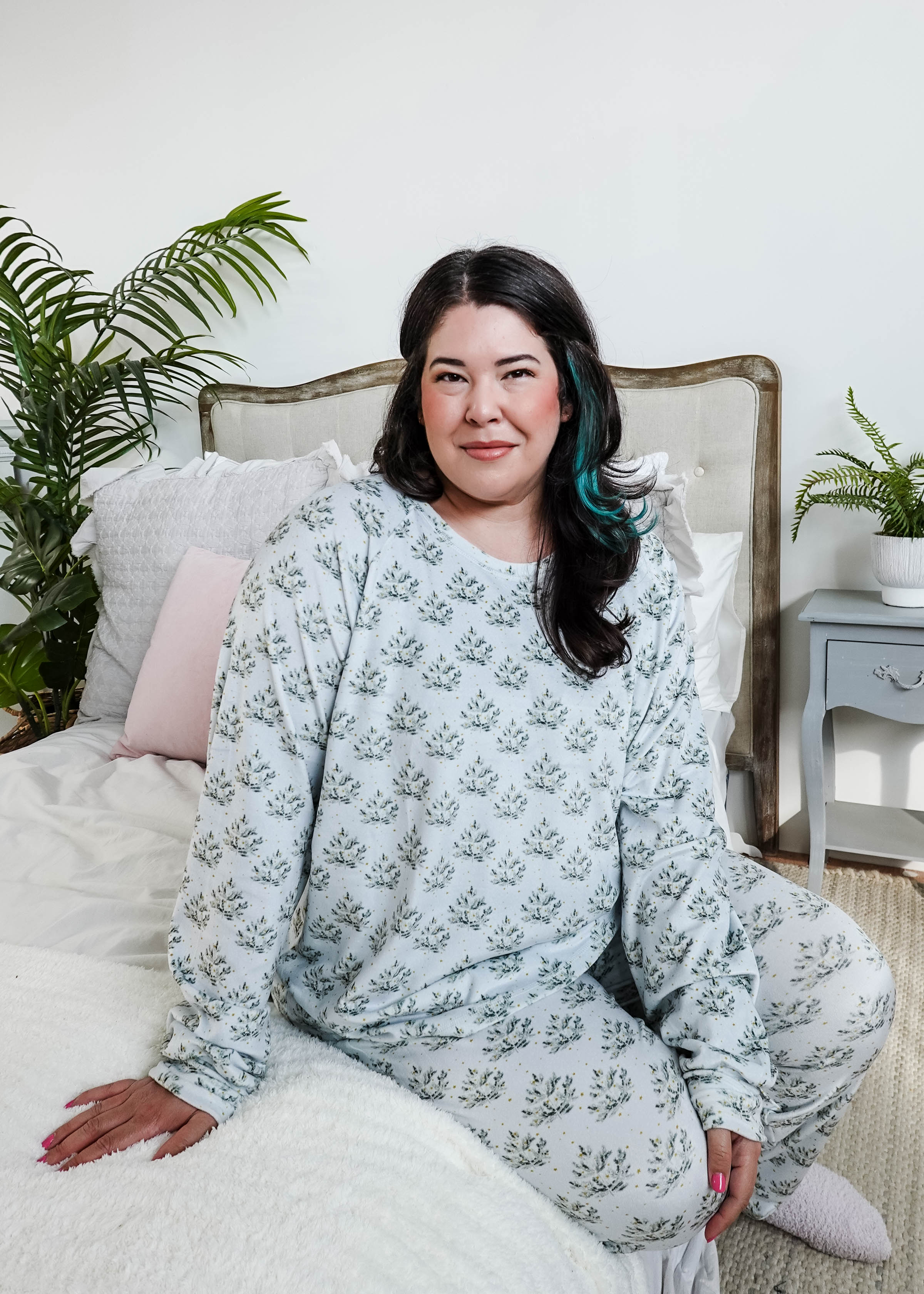 women wearing pine print velour pj set with light blue background miranda nic