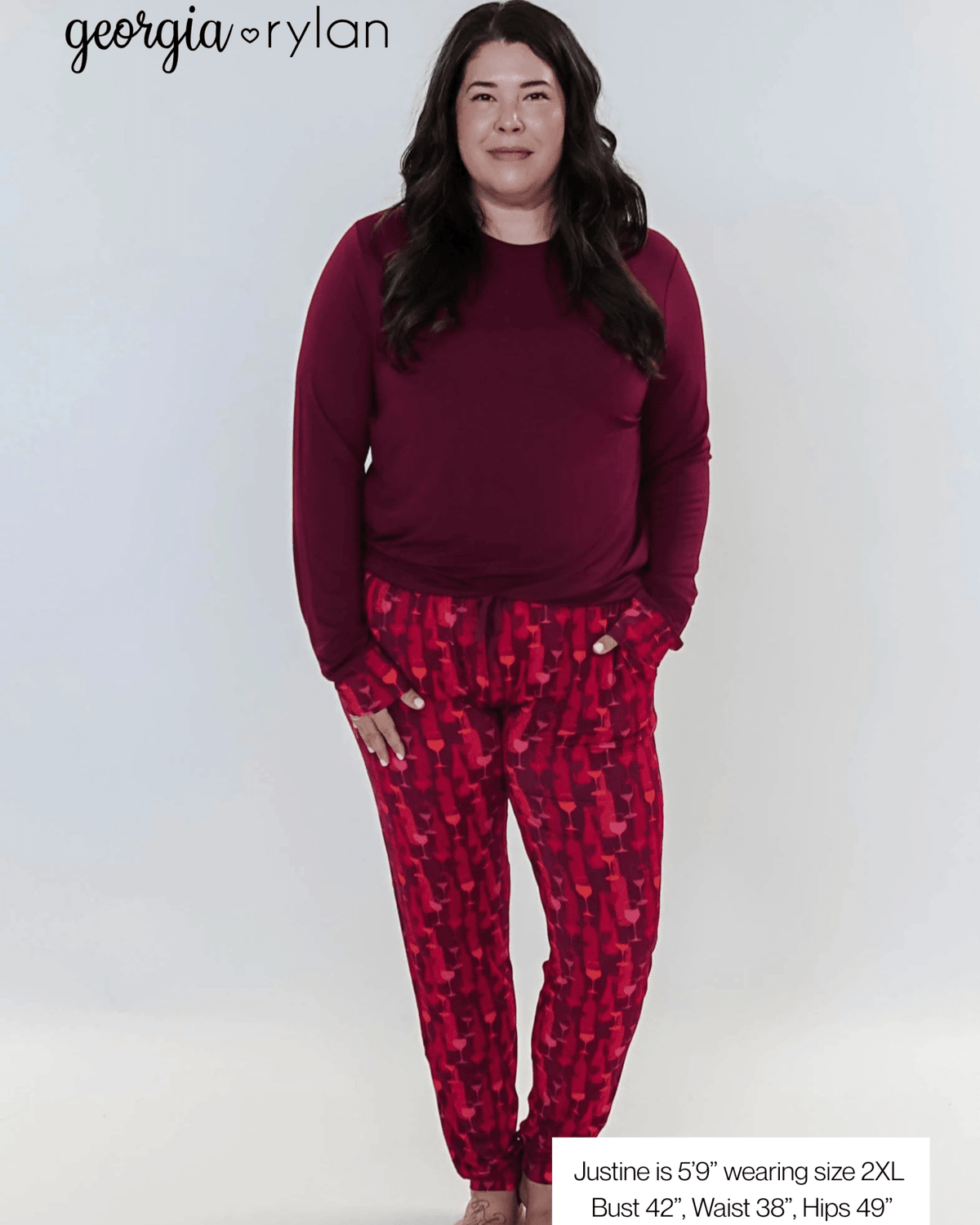 Vino Dreams PJ Long Sleeve Jogger Bamboo Set | GEORGIA RYLAN model sizing, showing measurements for plus size women