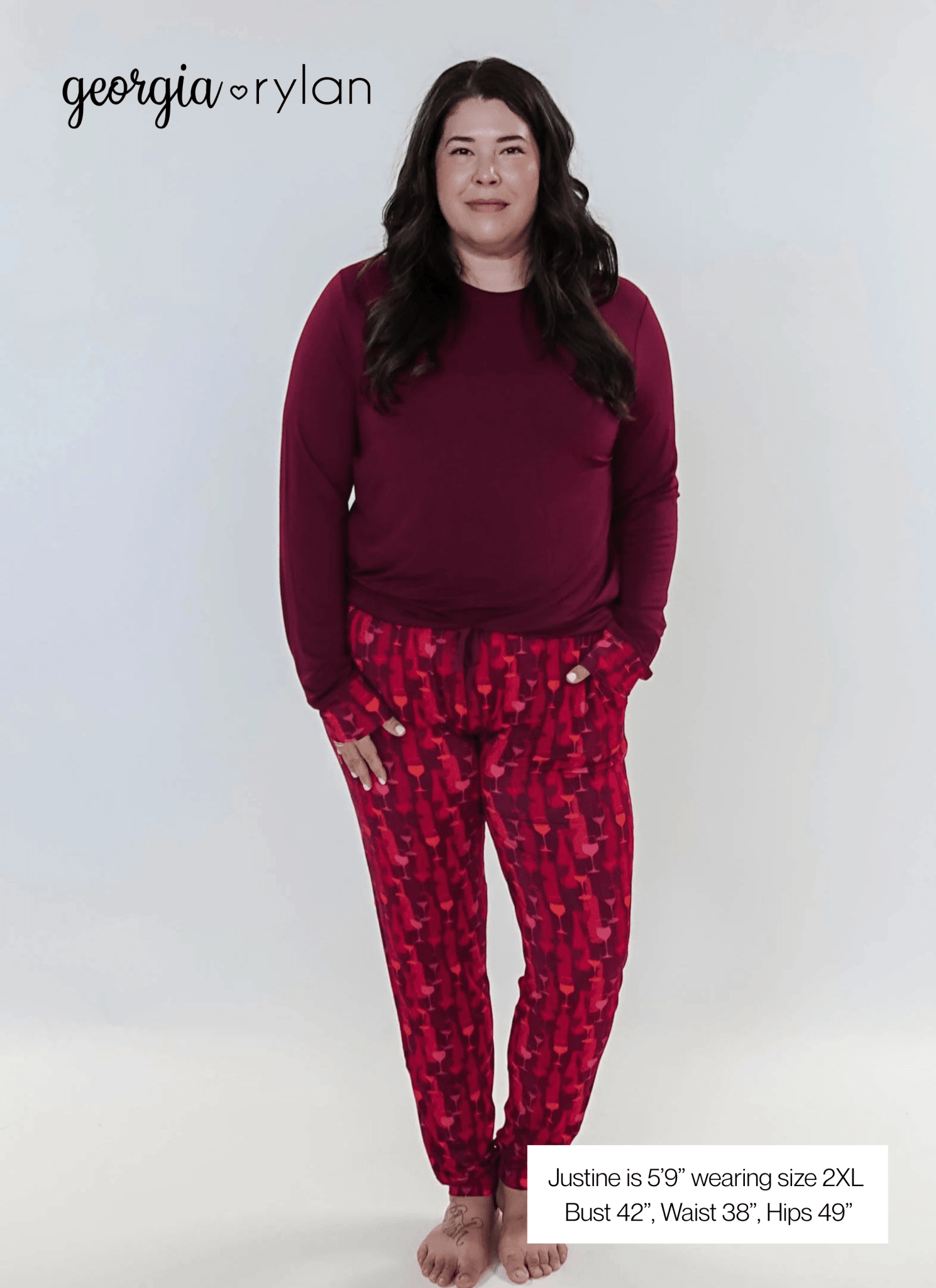 Vino Dreams PJ Long Sleeve Jogger Bamboo Set | GEORGIA RYLAN model sizing, showing measurements for plus size women