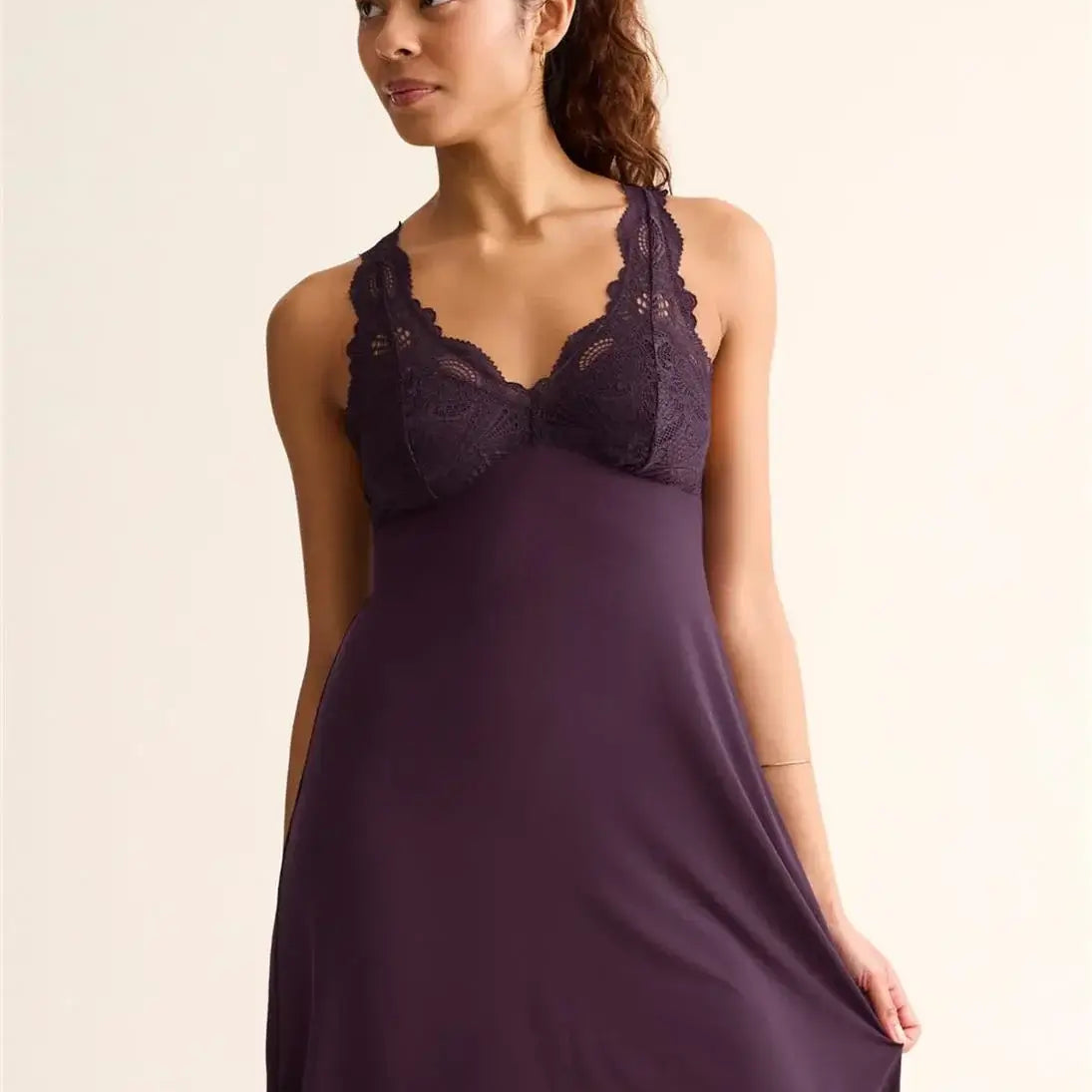 woman's full bust supportive lace nightgown with built in bra in vino burgundy by Fleur't