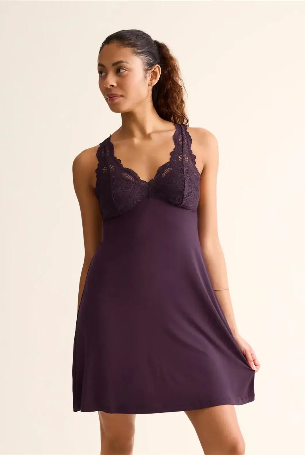 woman's full bust supportive lace nightgown with built in bra in vino burgundy by Fleur't