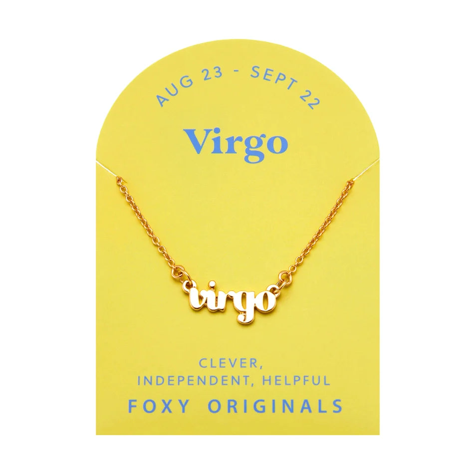 Zodiac Script Necklace in 14K Plated Gold featuring the Virgo astrological sign in elegant script on a yellow background.