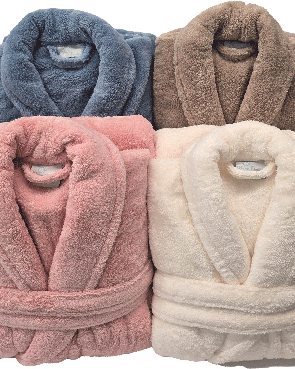 all-groups WARM BUDDY - Cozy Ultra Plush Spa Robe stacked picture showing 4 colours - taupe, ocean blue, cream and pink
