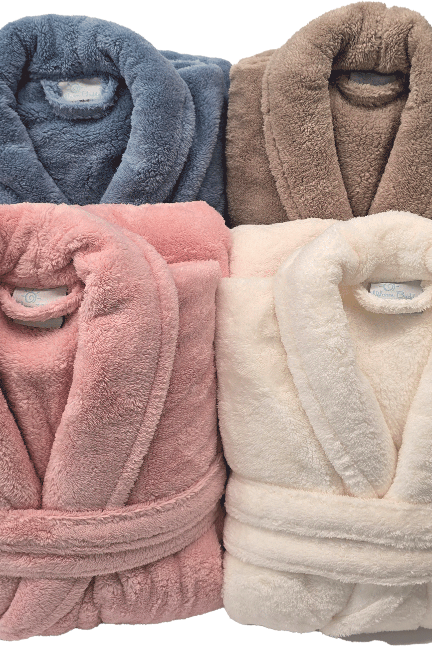 all-groups WARM BUDDY - Cozy Ultra Plush Spa Robe stacked picture showing 4 colours - taupe, ocean blue, cream and pink