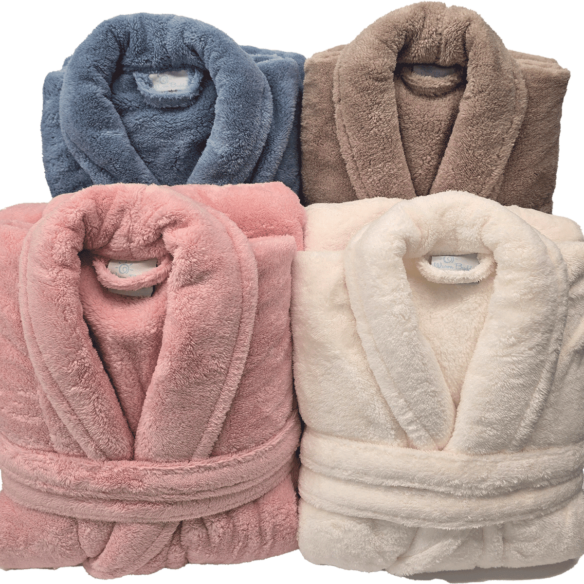all-groups WARM BUDDY - Cozy Ultra Plush Spa Robe stacked picture showing 4 colours - taupe, ocean blue, cream and pink