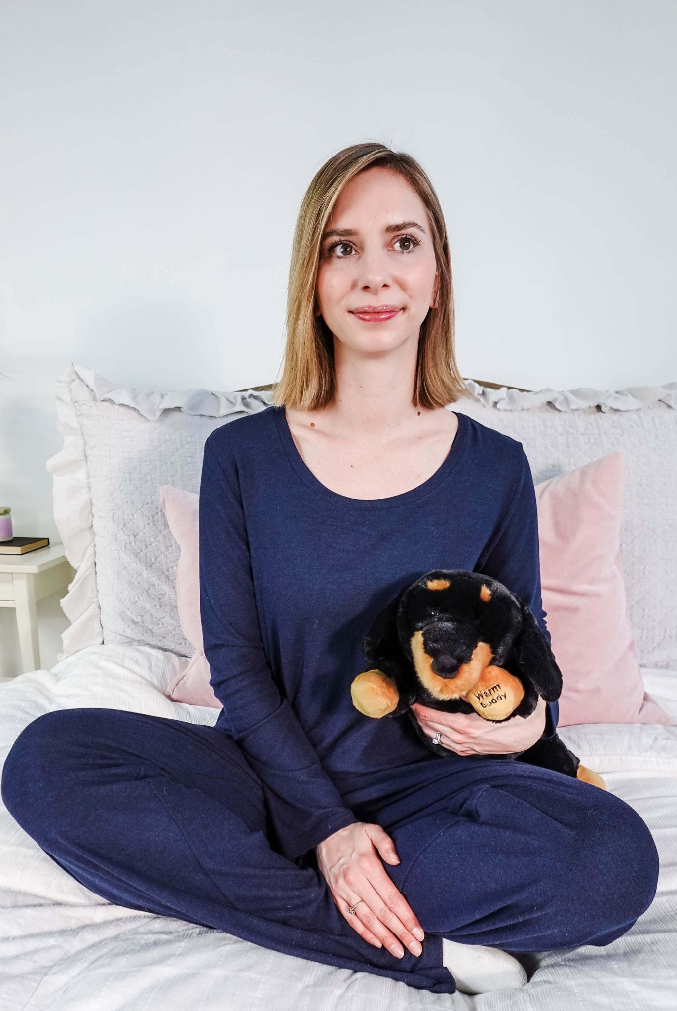Warm Buddy Heat Up Stuffed Animal Cuddle Buddy Dachshund 15" - Therapeutic warm up weighted dog black and brown shown with model for size