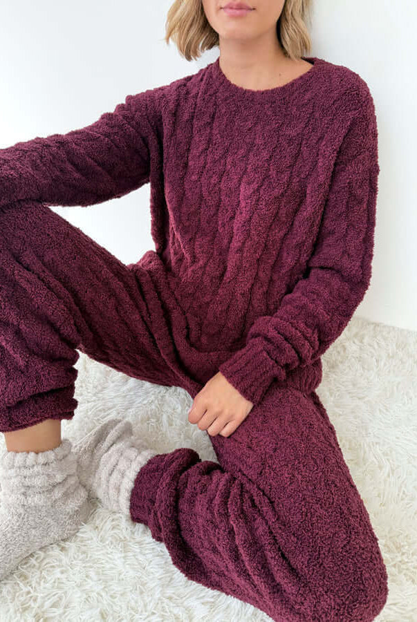 Splendid Merlot Fuzzy Cable Knit Sweater PJ Set worn by model, featuring cozy chenille fabric and cable knit design.
