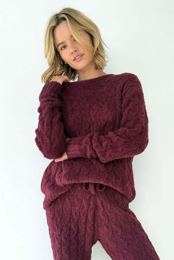 Splendid Merlot Fuzzy Cable Knit Sweater PJ Set in cozy chenille fabric with a relaxed fit and cable knit design.