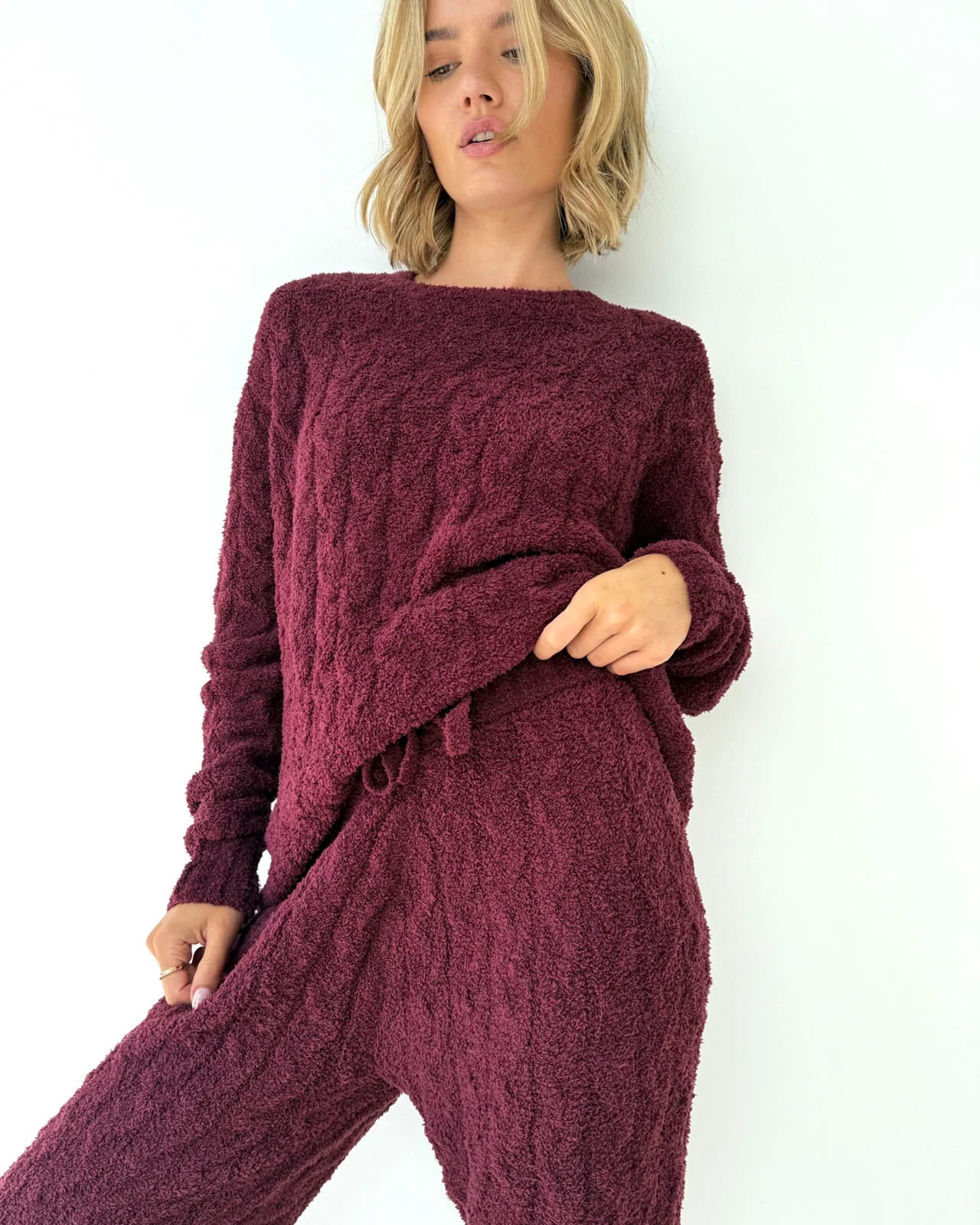 Splendid Merlot Fuzzy Cable Knit Sweater PJ Set | Chenille Lounge