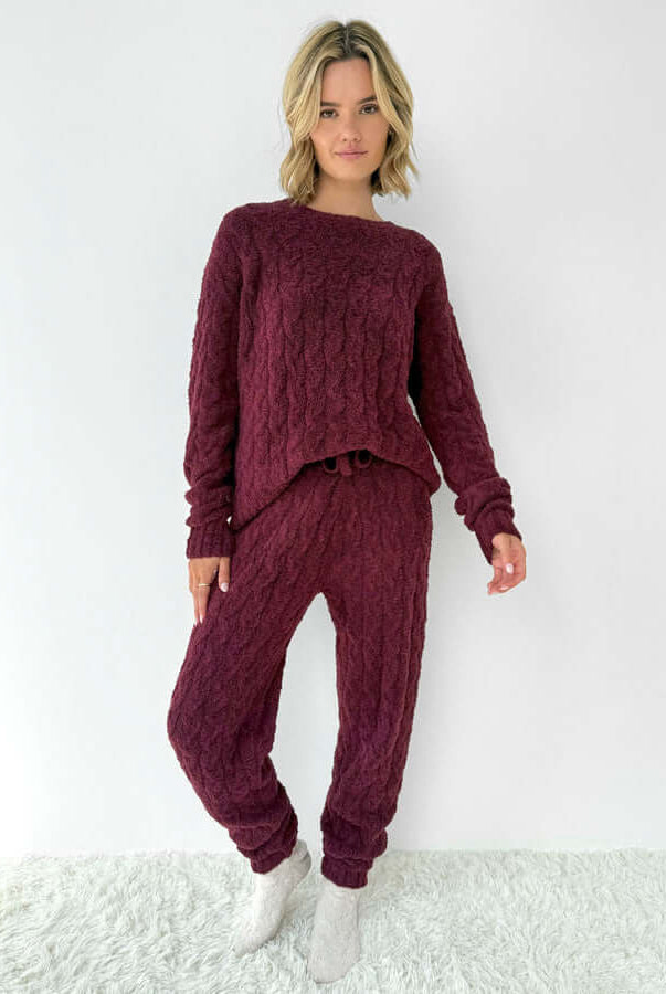 Splendid Merlot Fuzzy Cable Knit Sweater PJ Set featuring cozy sweater and pants in a rich merlot color.