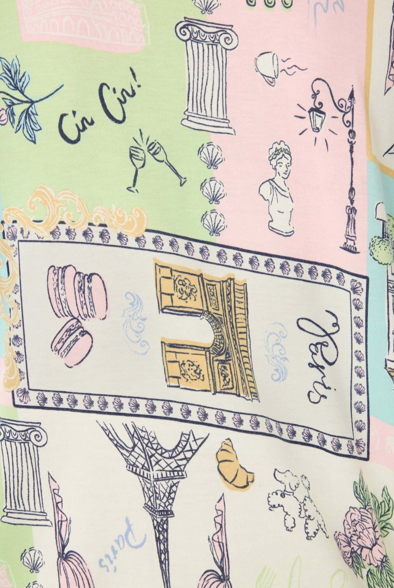 Whimsy Postcards From Paris PJ Set featuring pastel sketches of landmarks and culinary delights.
