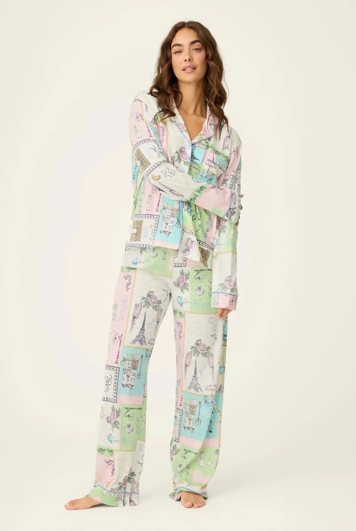 Whimsy Postcards From Paris PJ Set featuring pastel drawings of Parisian scenes in a comfortable pajama set from PJ Salvage.