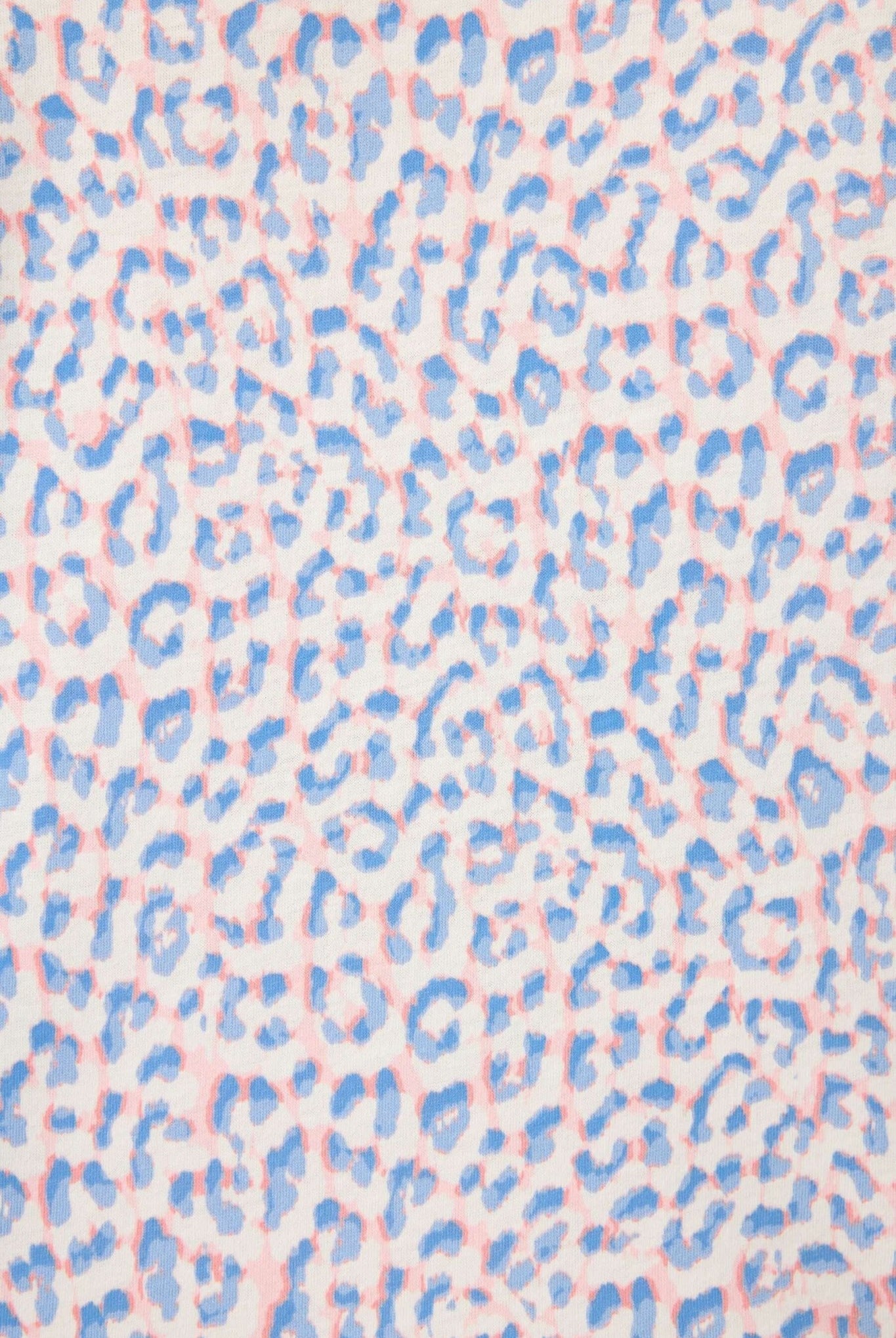 Leopard print pattern featuring pastel sky-blue and soft-coral hues for the Whimsy Walk On The Wild Side PJ Set.