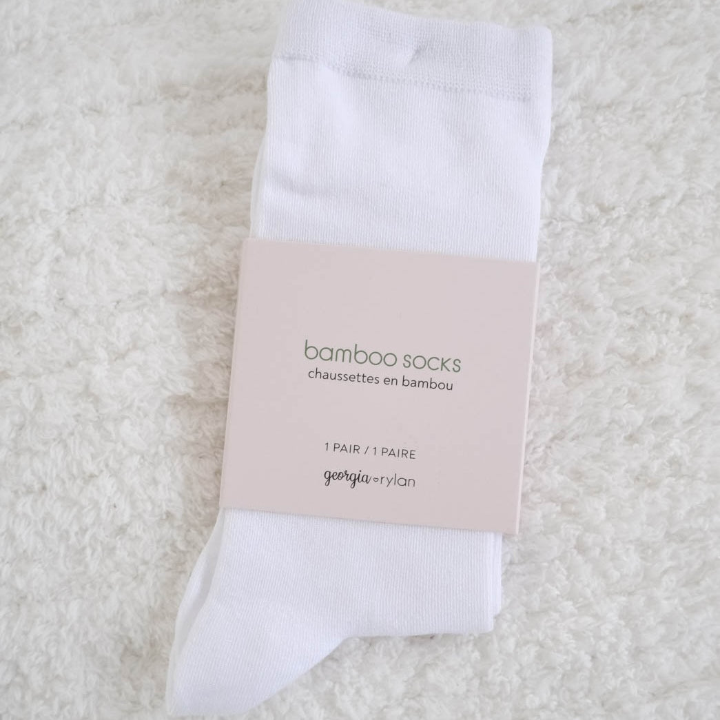 Georgia Rylan white bamboo crew sock flat lay — Cloud Nine Pajamas