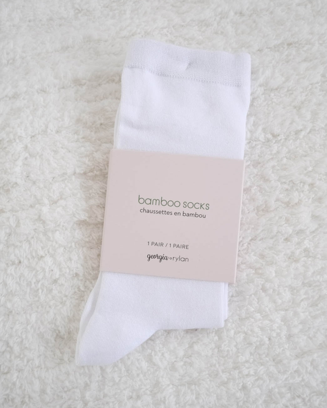 Georgia Rylan white bamboo crew sock flat lay — Cloud Nine Pajamas