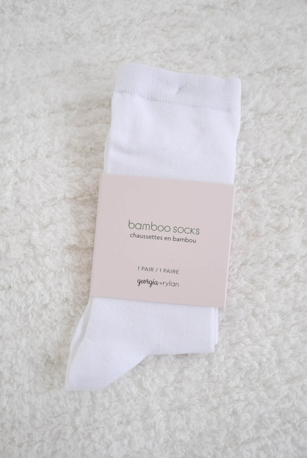 Georgia Rylan white bamboo crew sock flat lay — Cloud Nine Pajamas