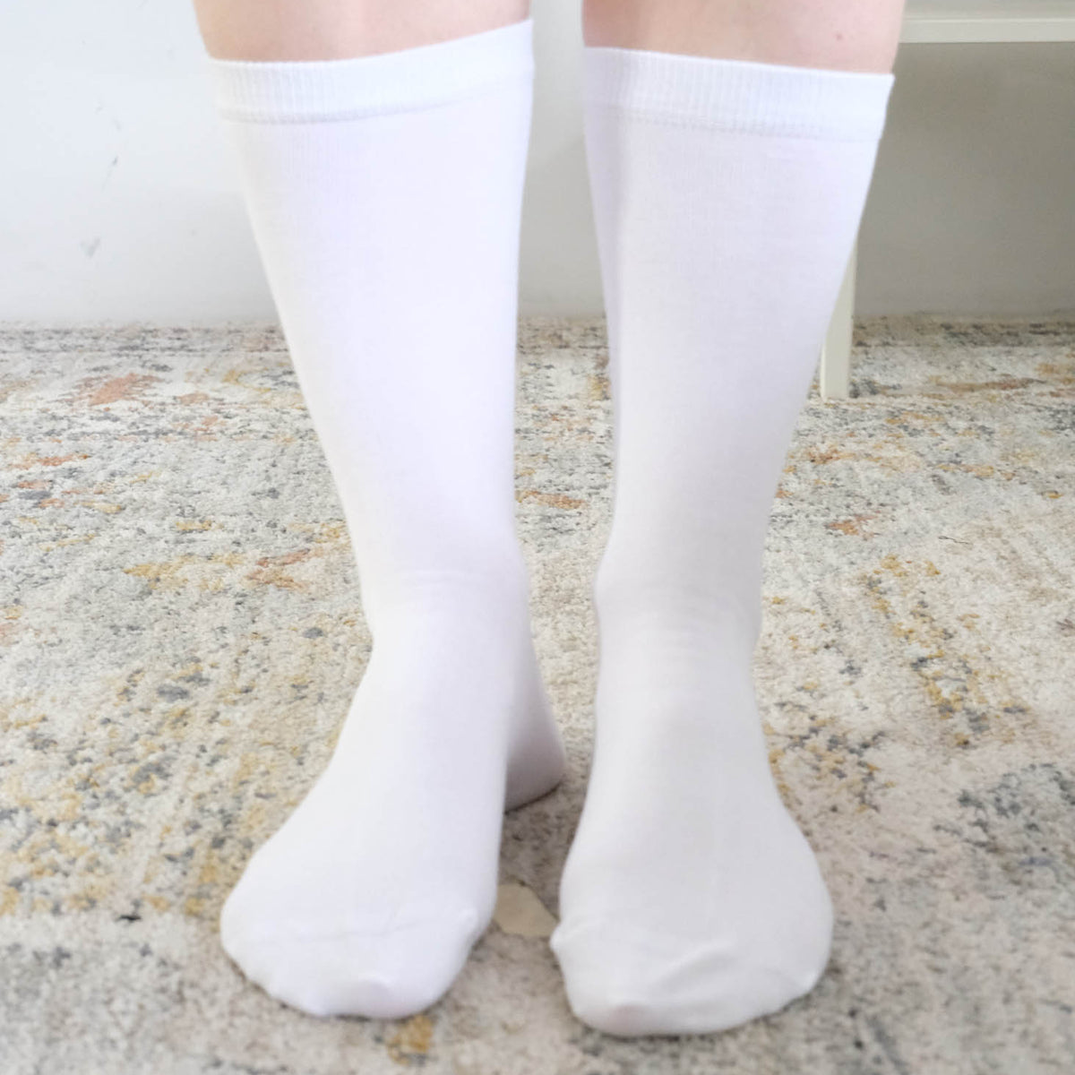 Georgia Rylan white bamboo crew sock on model styled — Cloud Nine Pajamas