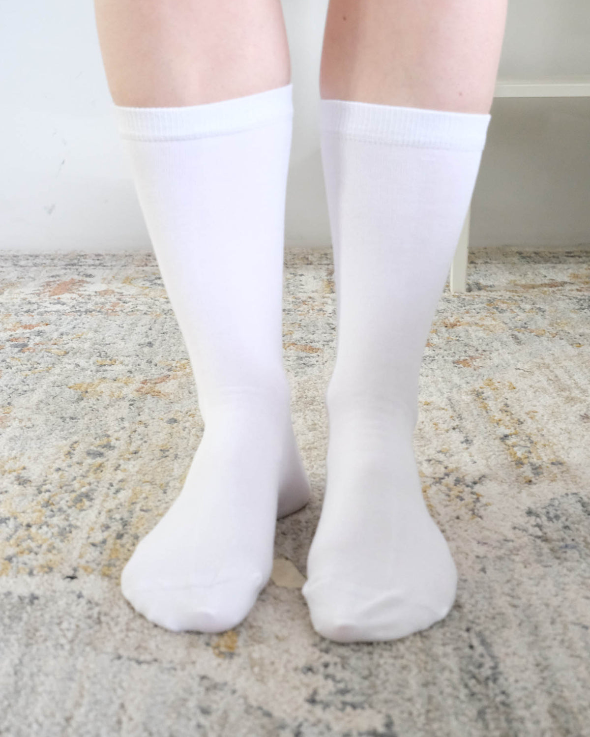 Georgia Rylan white bamboo crew sock on model styled — Cloud Nine Pajamas