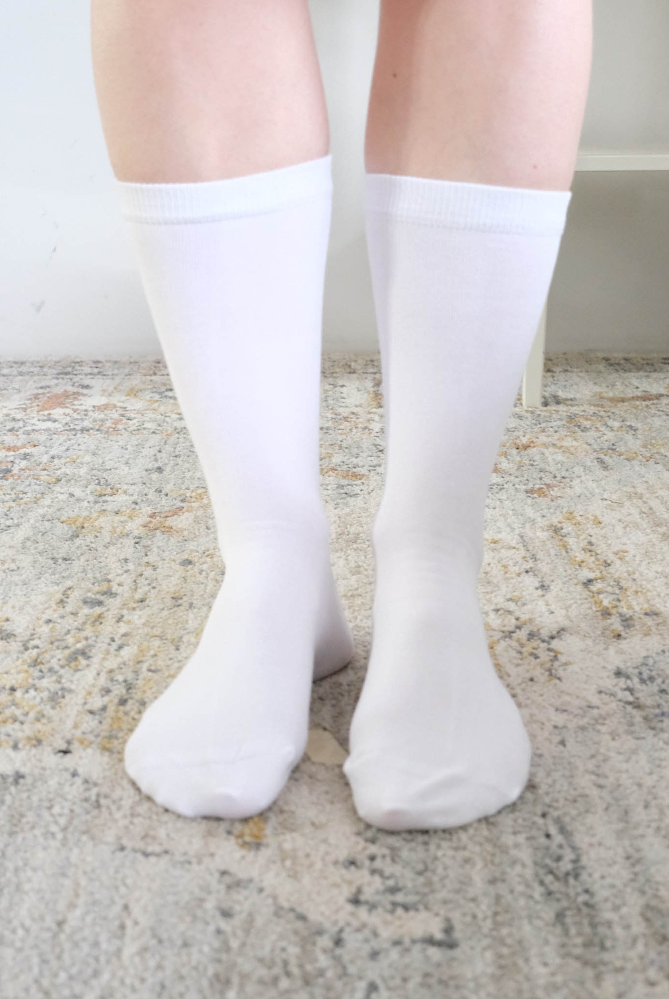 Georgia Rylan white bamboo crew sock on model styled — Cloud Nine Pajamas