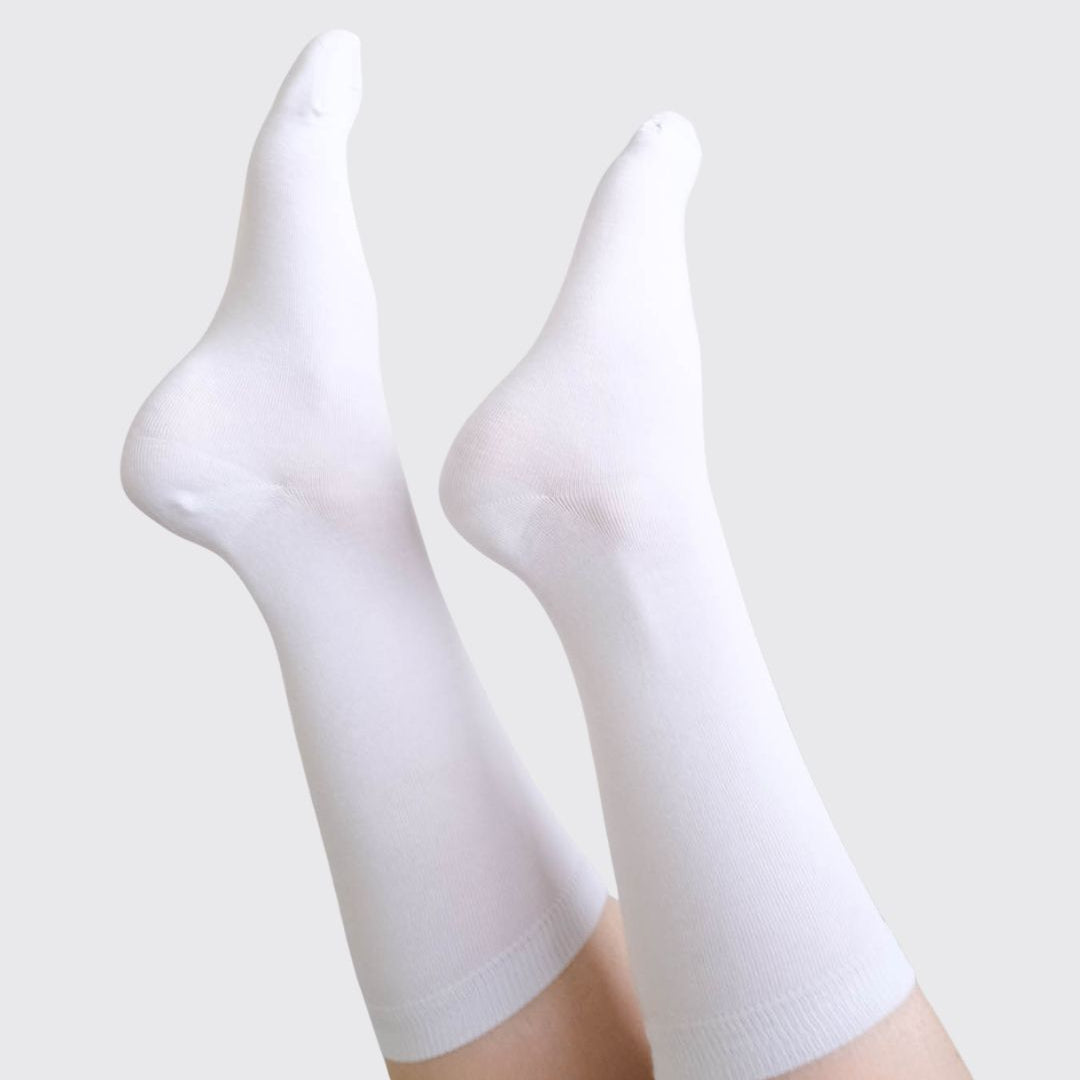 Georgia Rylan white bamboo crew sock styled detail — Cloud Nine Pajamas