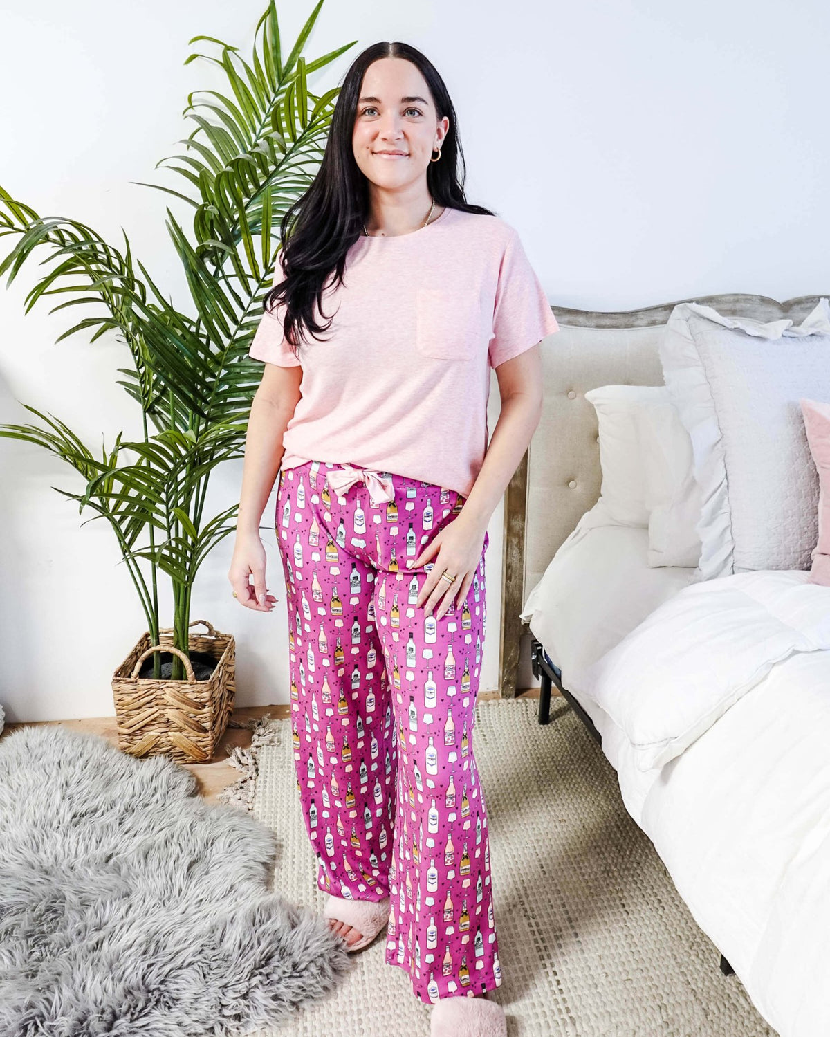 Miranda Nic Wine Down Print Velour PJ Set side view wine bottle print pant detail — Cloud Nine Pajamas Edmonton