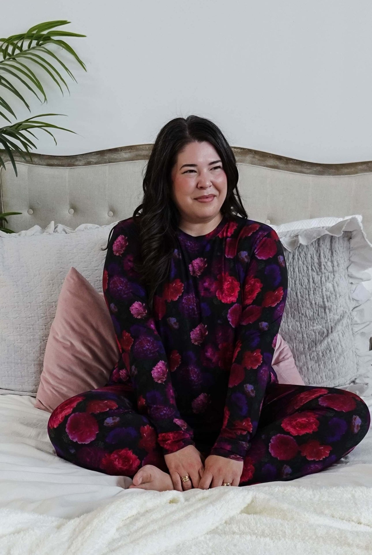 Winter Blossom Long Sleeve Jogger Bamboo PJ Set - model sits in bed