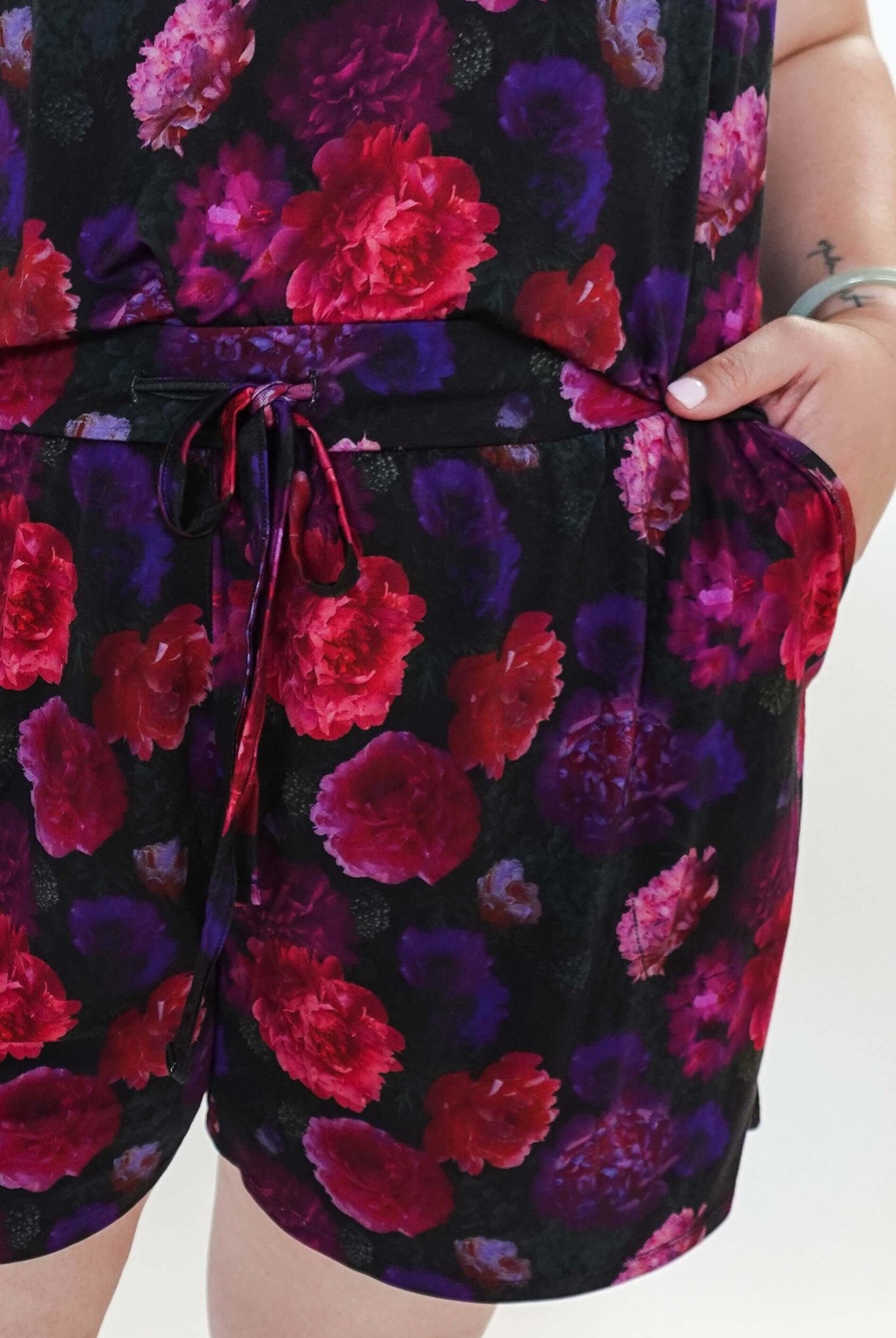 Winter Blossom Print Tank & Short PJ Set Bamboo showing pockets and drawstring detail