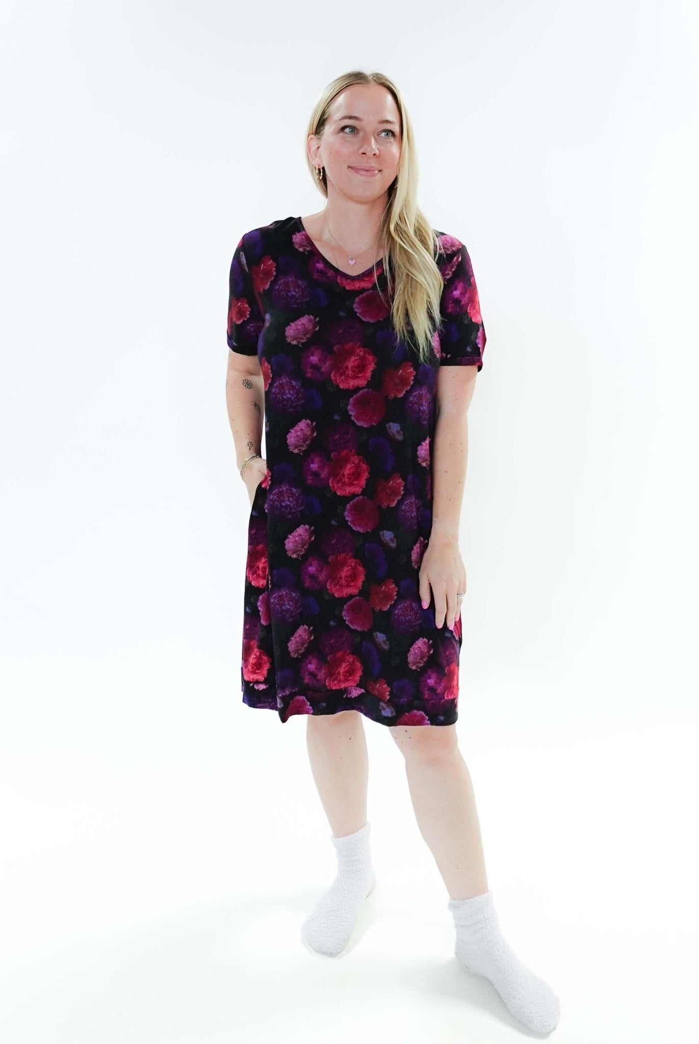 Winter Blossom V Neck Bamboo Nightshirt - woman wearing dress on plain background