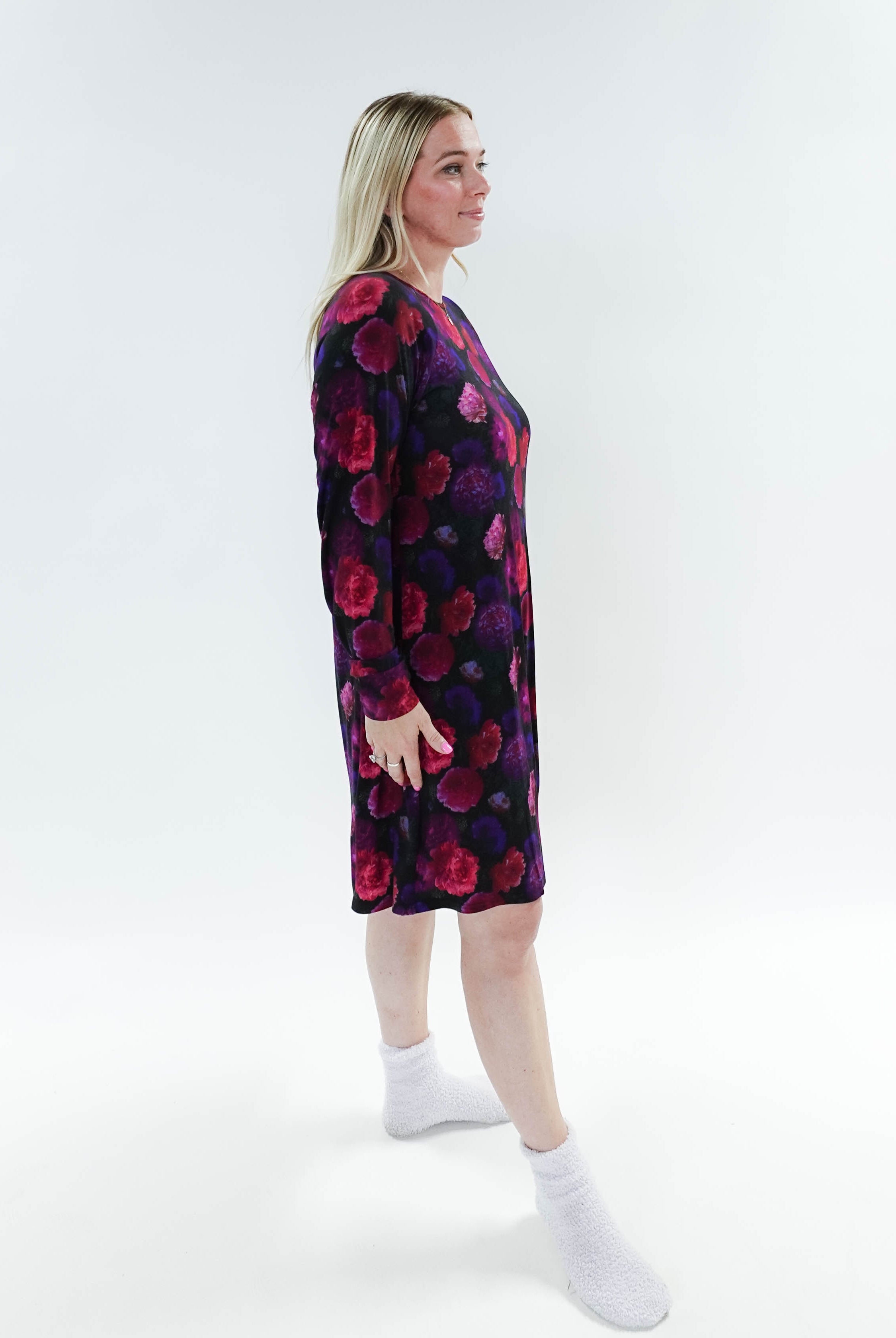 Winter Blossom Long Sleeve Bamboo Nightshirt by Georgia Rylan. Robyn shows the drape as she stands from the side.