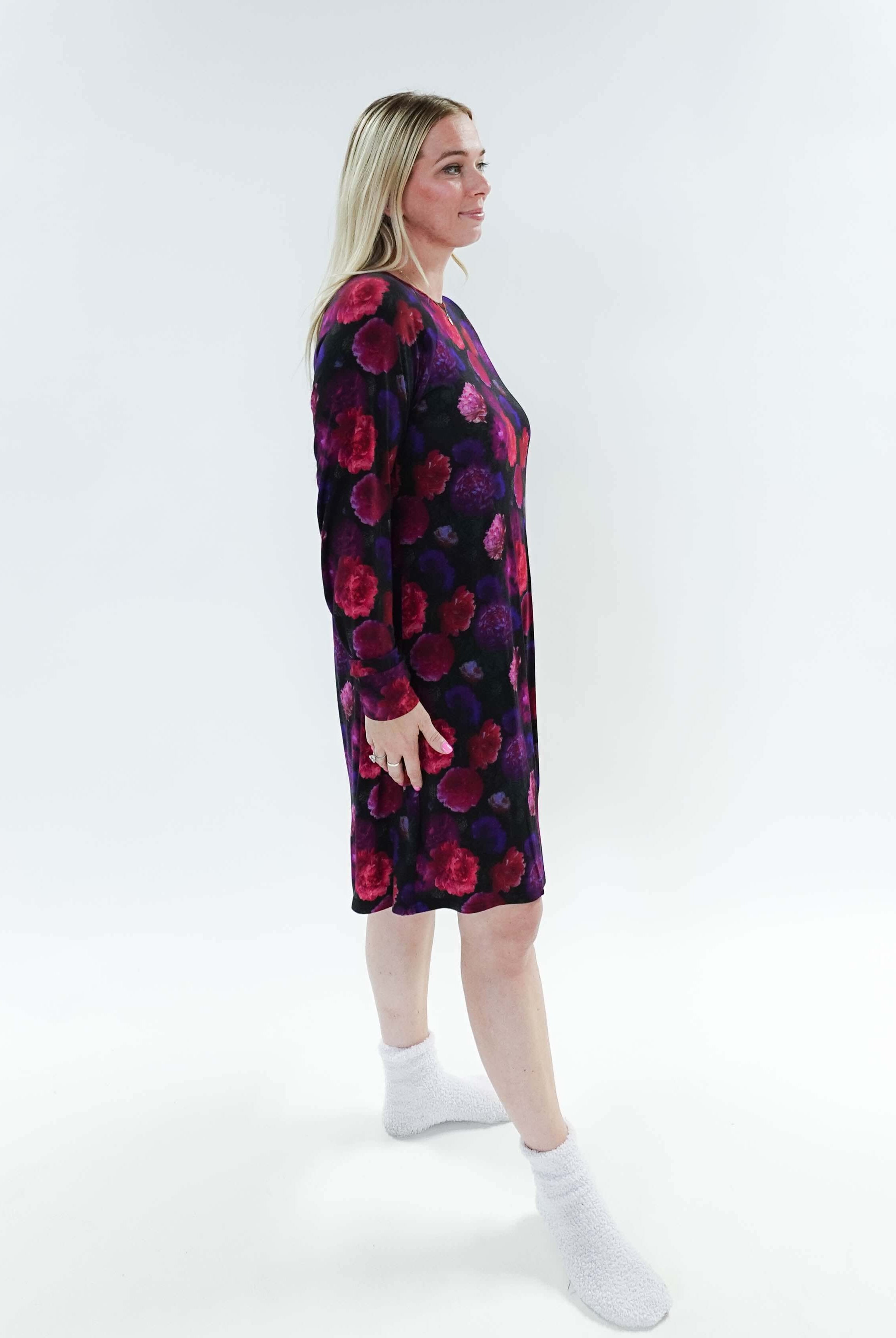 Winter Blossom Long Sleeve Bamboo Nightshirt by Georgia Rylan. Robyn shows the drape as she stands from the side.