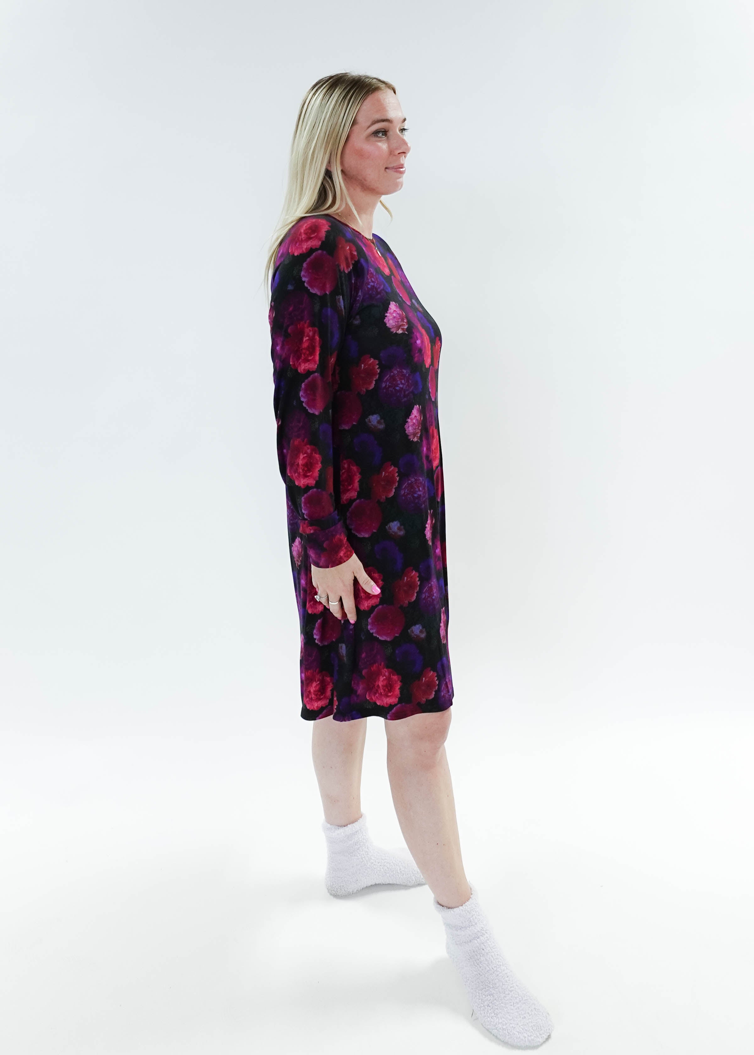 Winter Blossom Long Sleeve Bamboo Nightshirt by Georgia Rylan. Robyn shows the drape as she stands from the side.