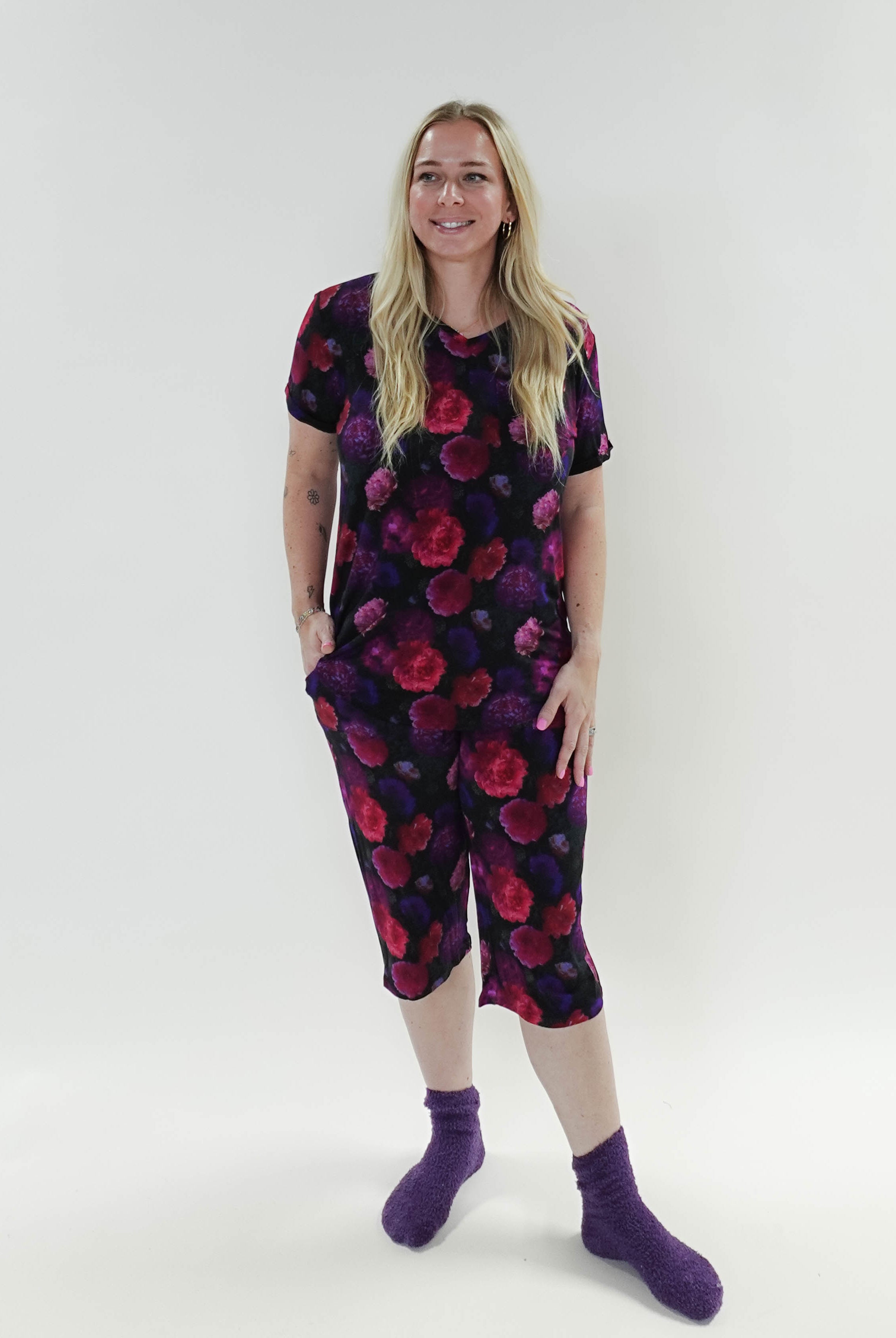 Winter Blossom Print Tee & Capri Bamboo PJ Set model shows full length, she is 5'3" tall
