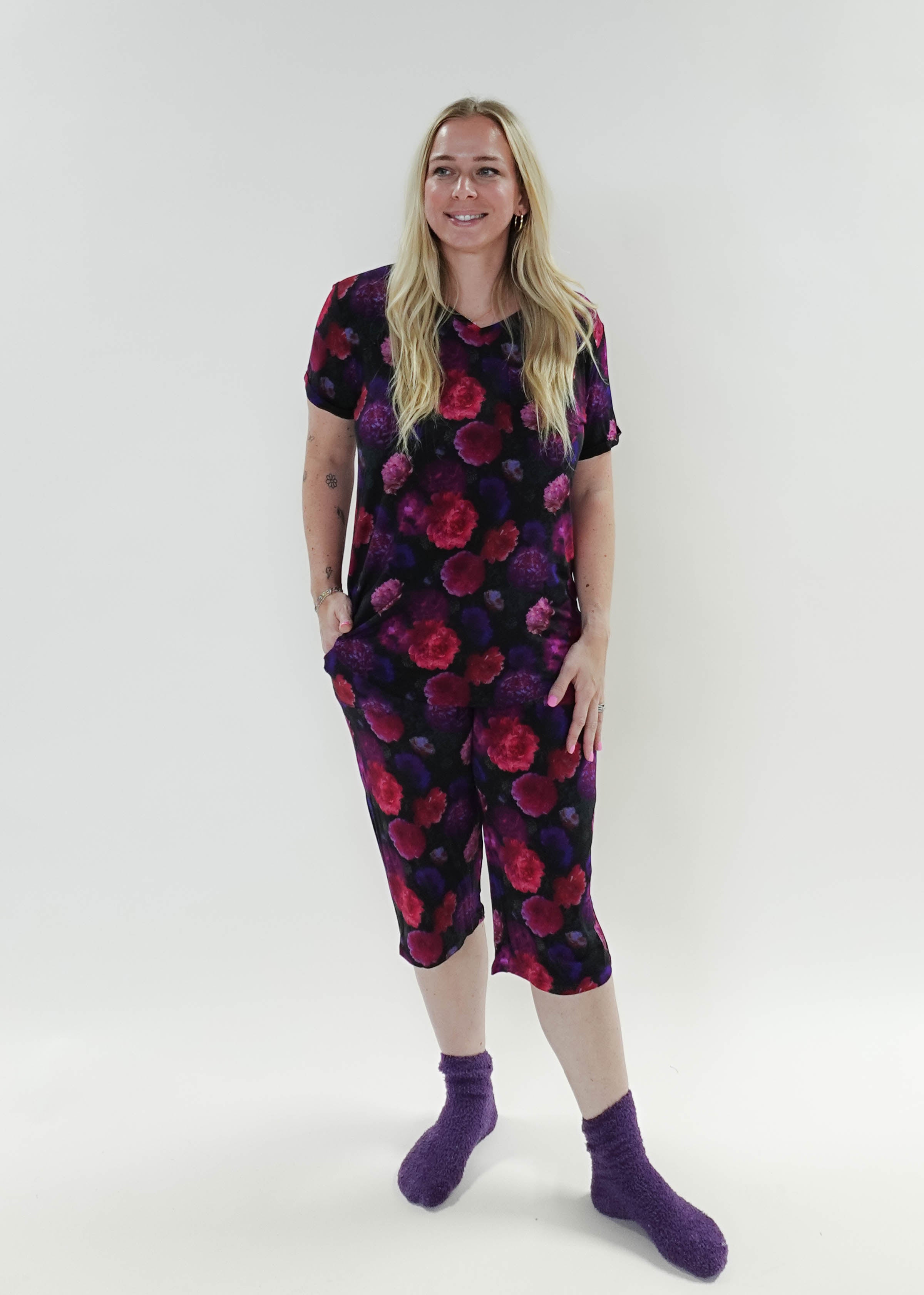 Winter Blossom Print Tee & Capri Bamboo PJ Set model shows full length, she is 5'3" tall
