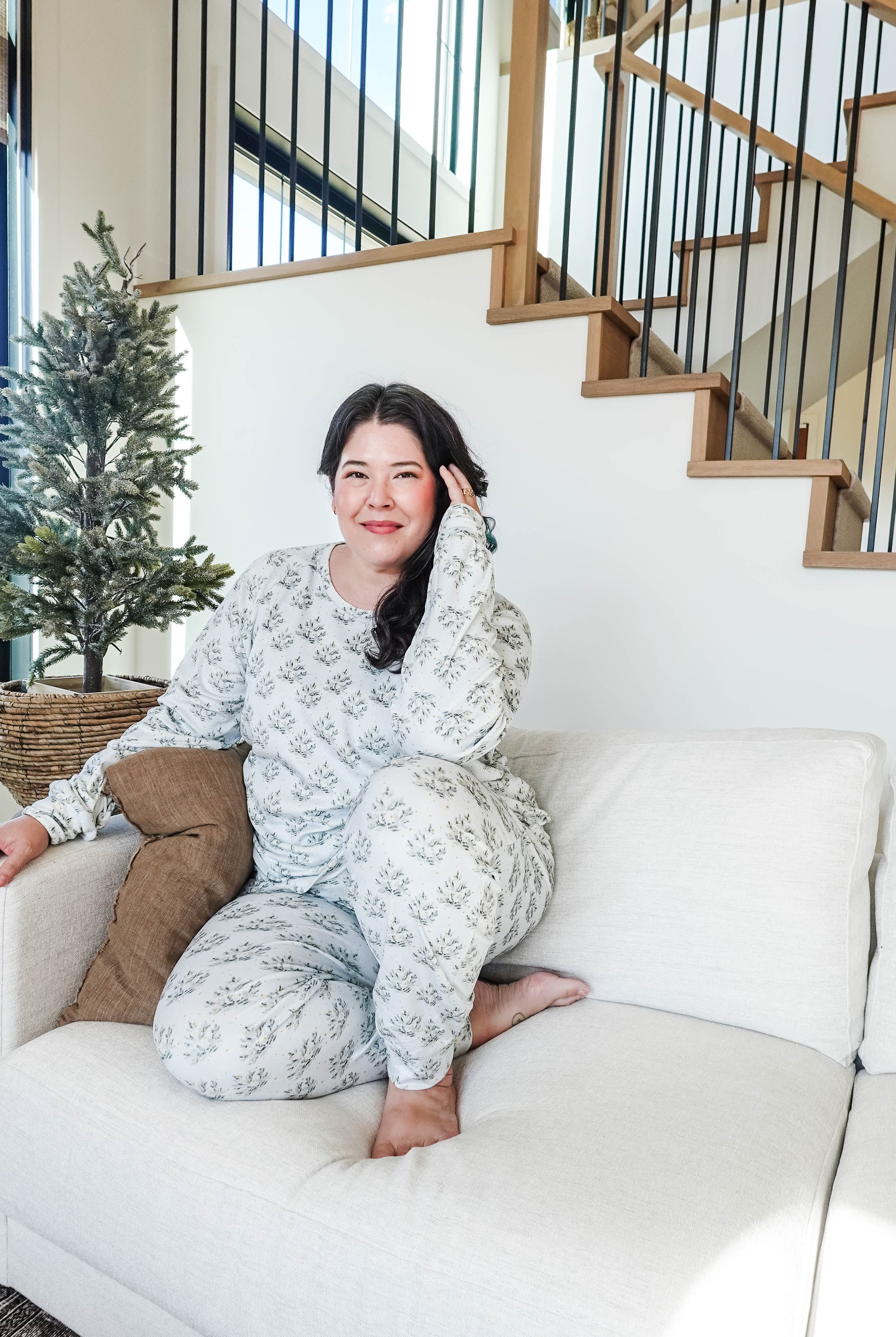 winter pine print in velour pj set for christmas