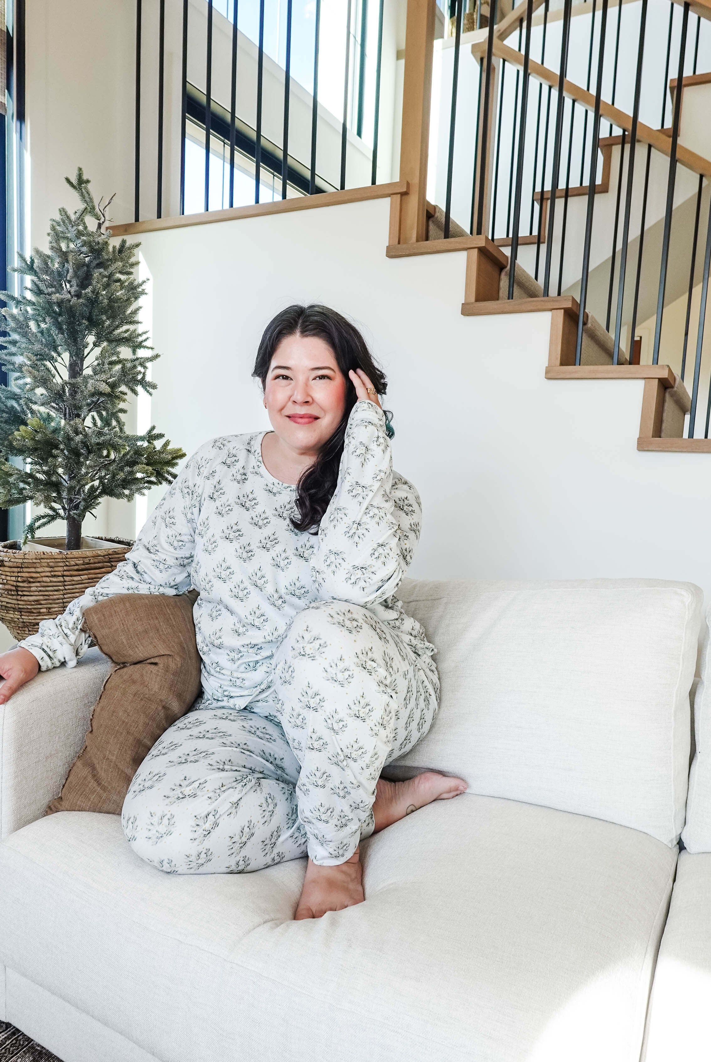 winter pine print in velour pj set for christmas